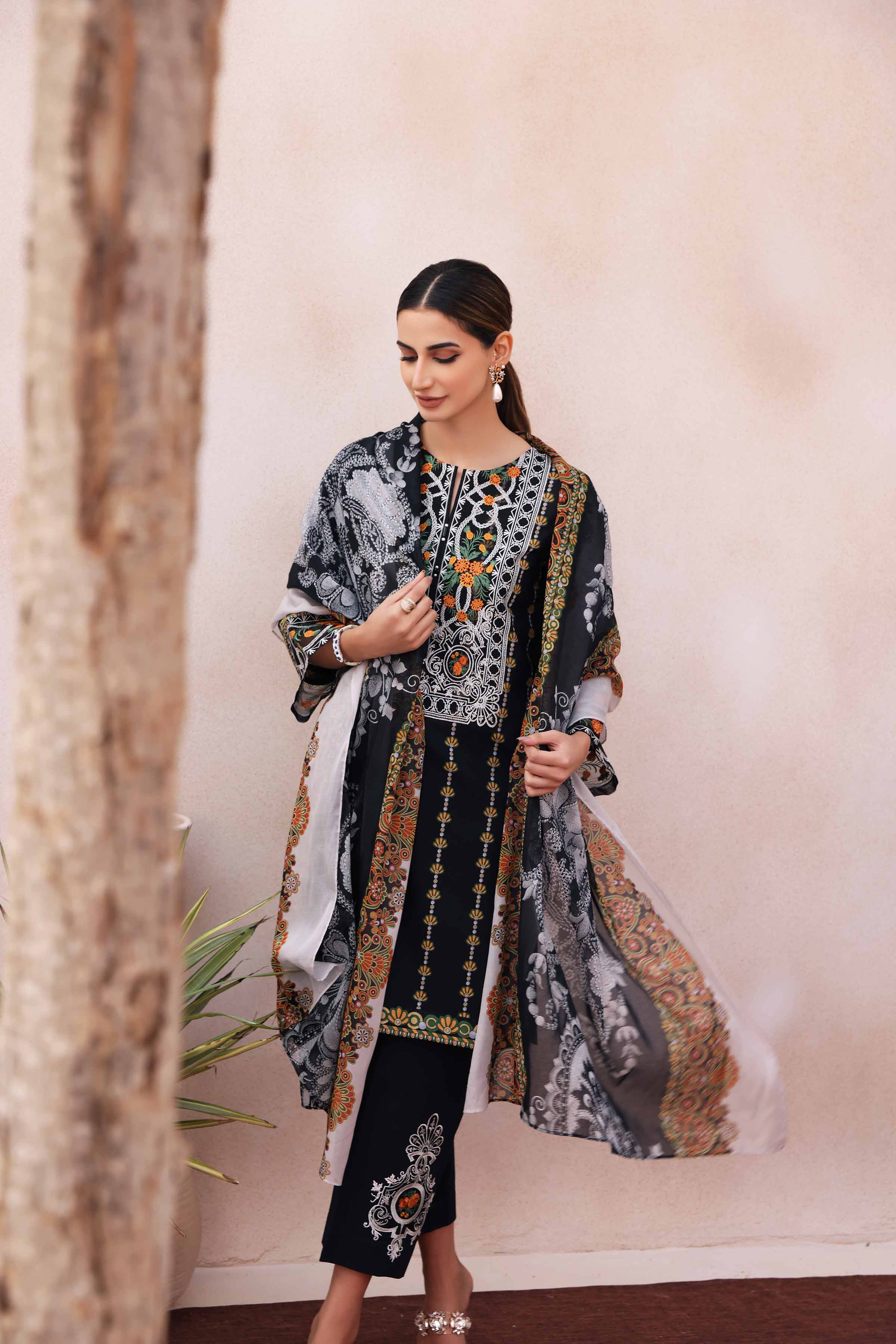 3 Piece - Printed Embroidered Suit - 42301081