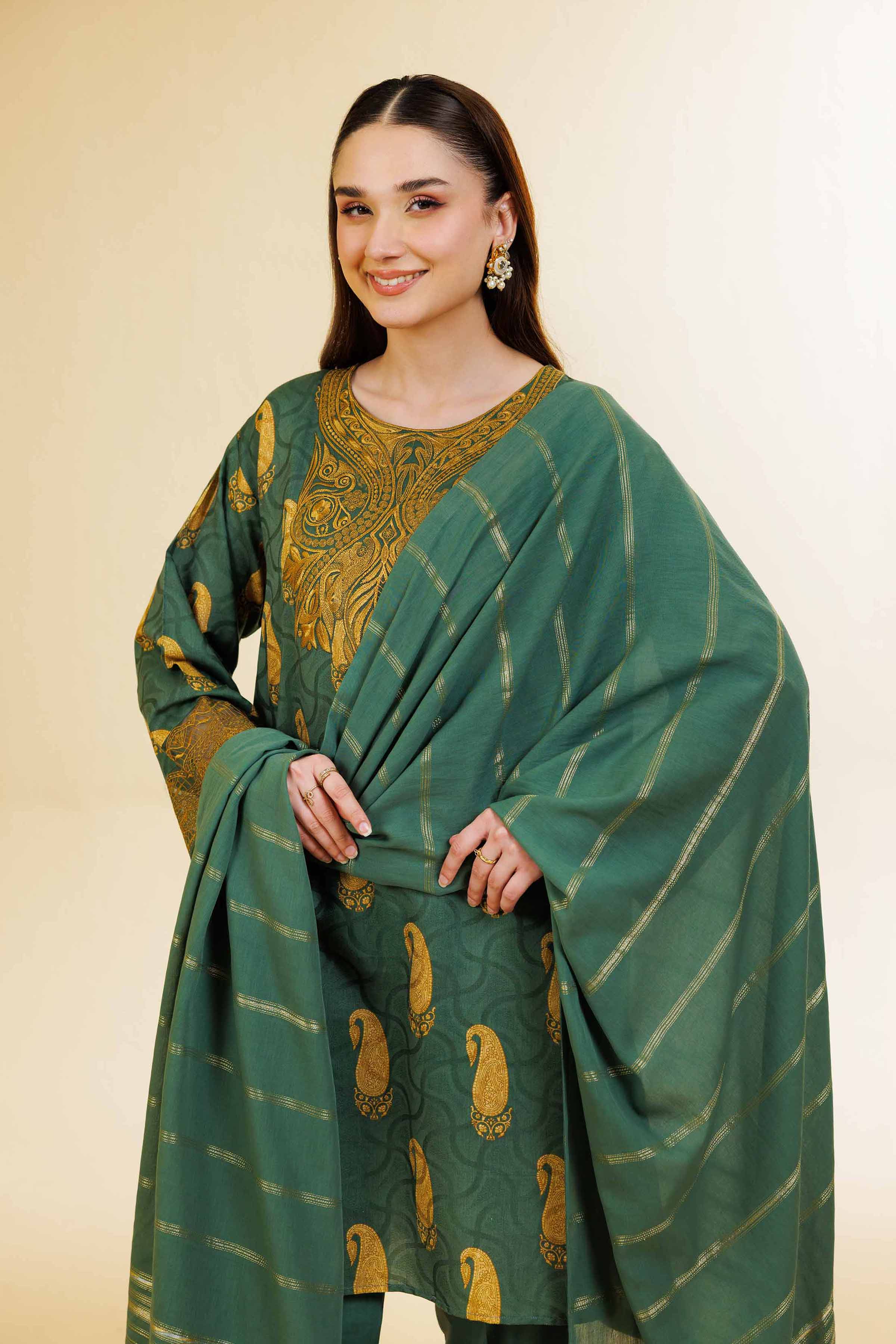 3 Piece - Digital Printed Jacquard Embroidered Suit - 42501302