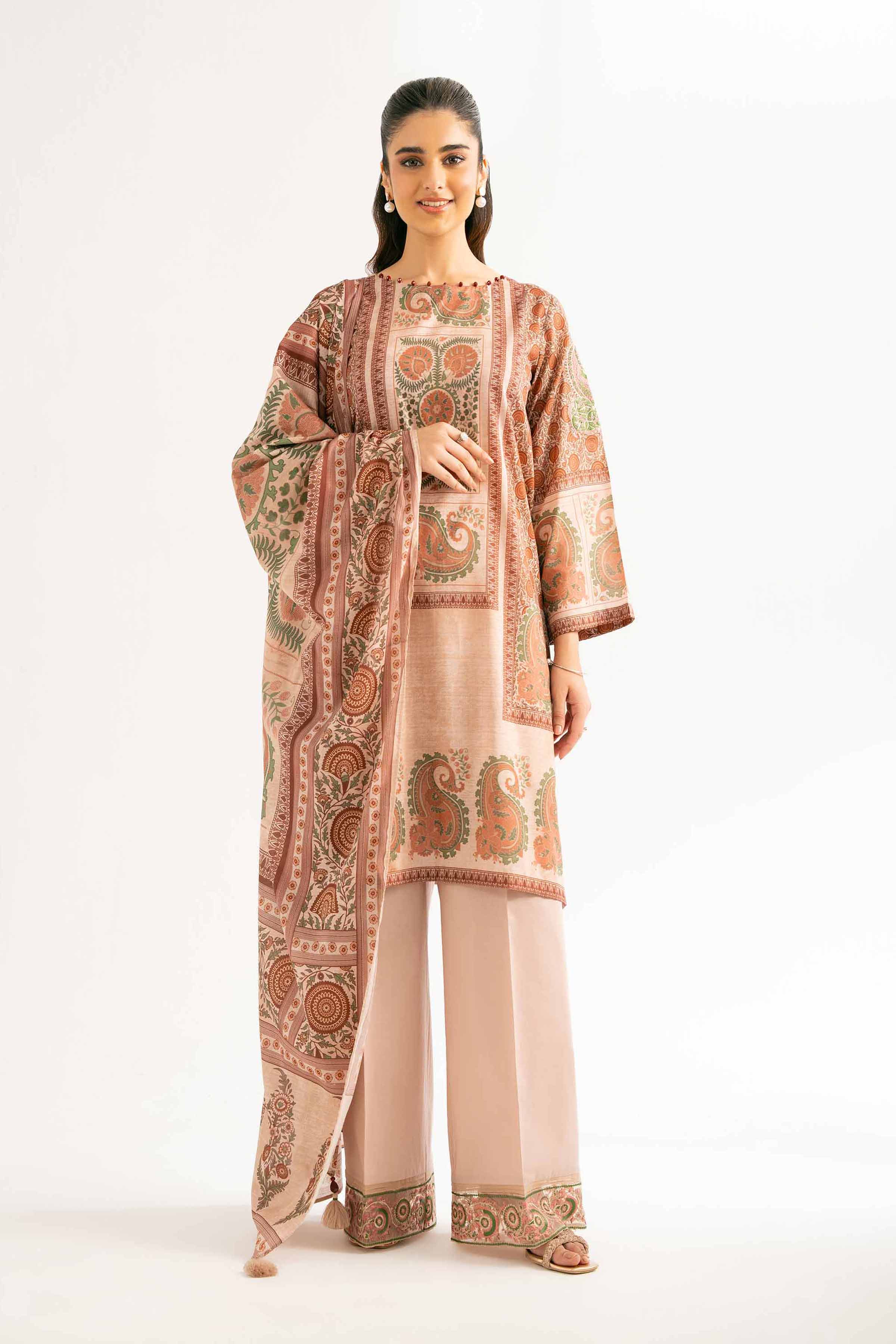 NISHATUAE - Beige Embroidered Lawn 3-piece Unstitched Suit