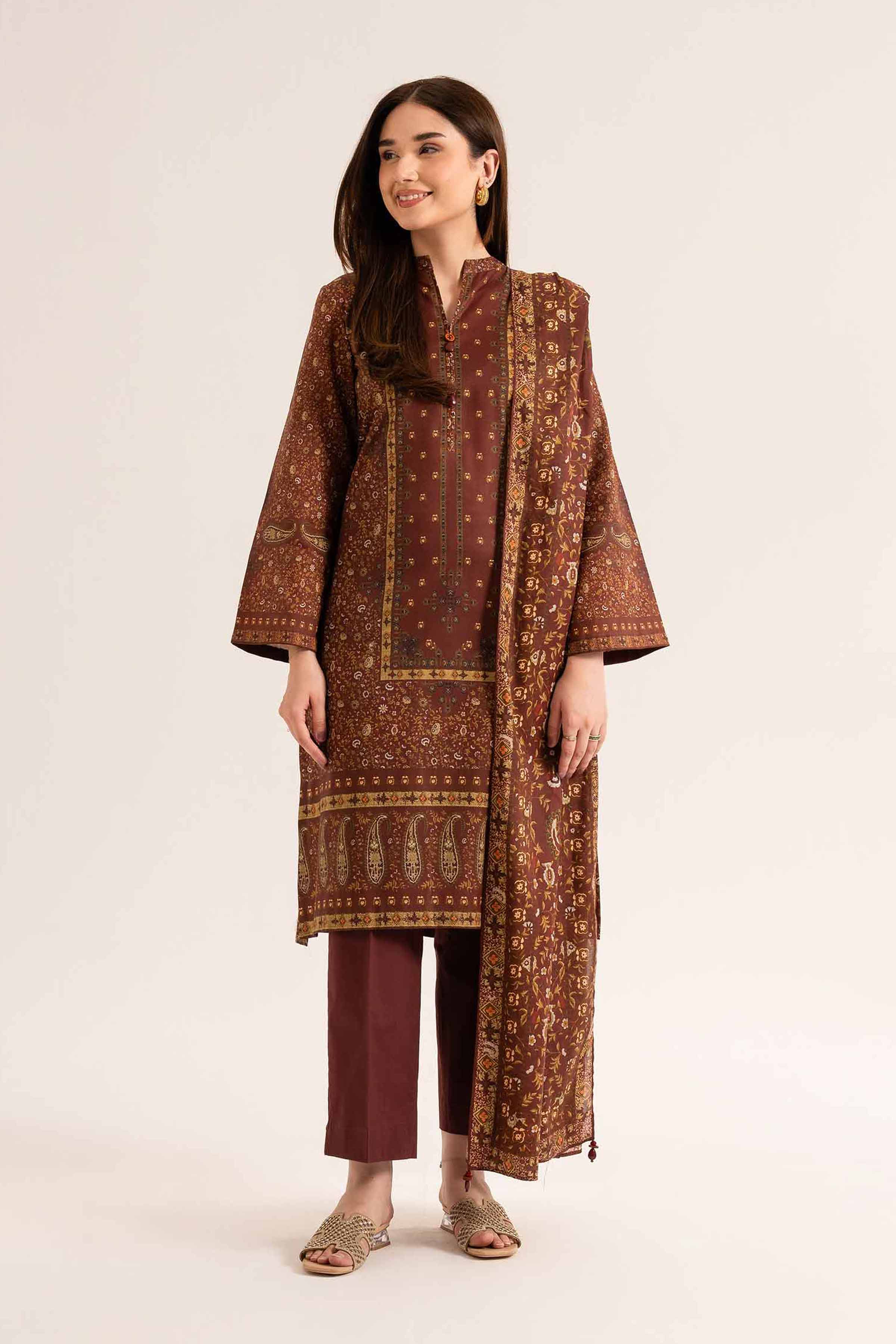 NISHATUAE - Maroon Printed Lawn 3-piece Unstitched Suit