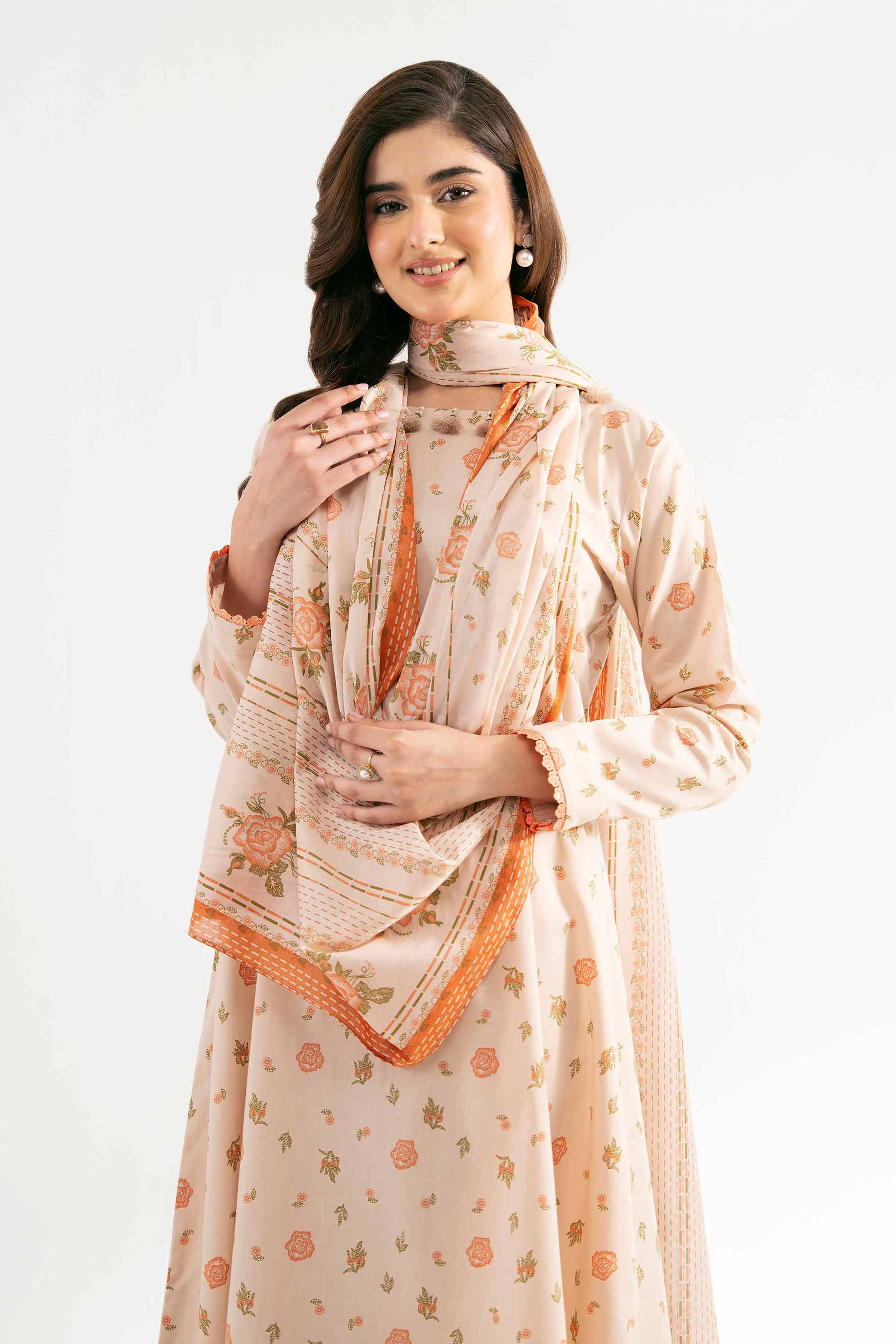 NISHATUAE - Beige Printed Cambric 3-piece Unstitched Suit