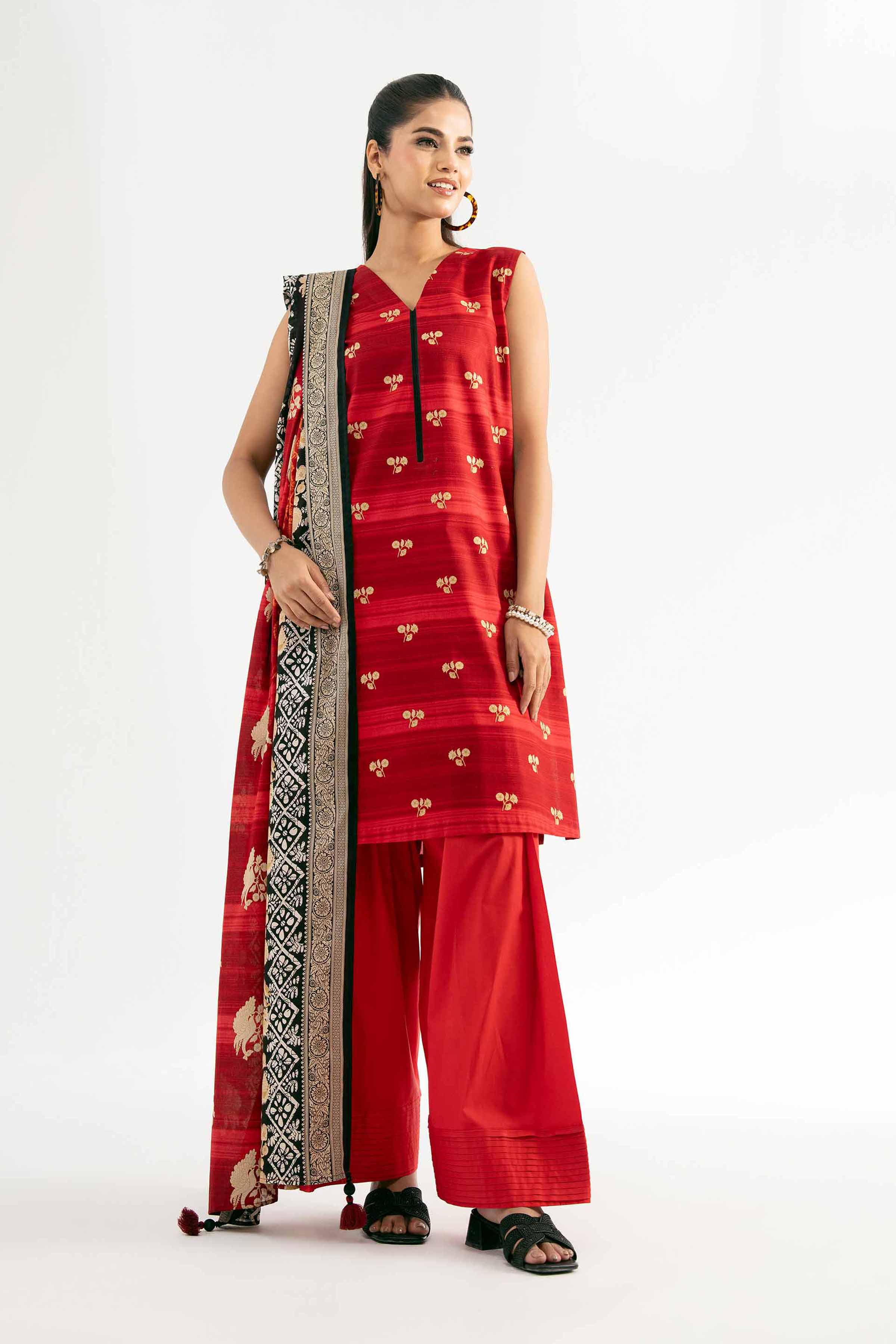 NISHATUAE - Rust Printed Cambric 3-piece Unstitched Suit