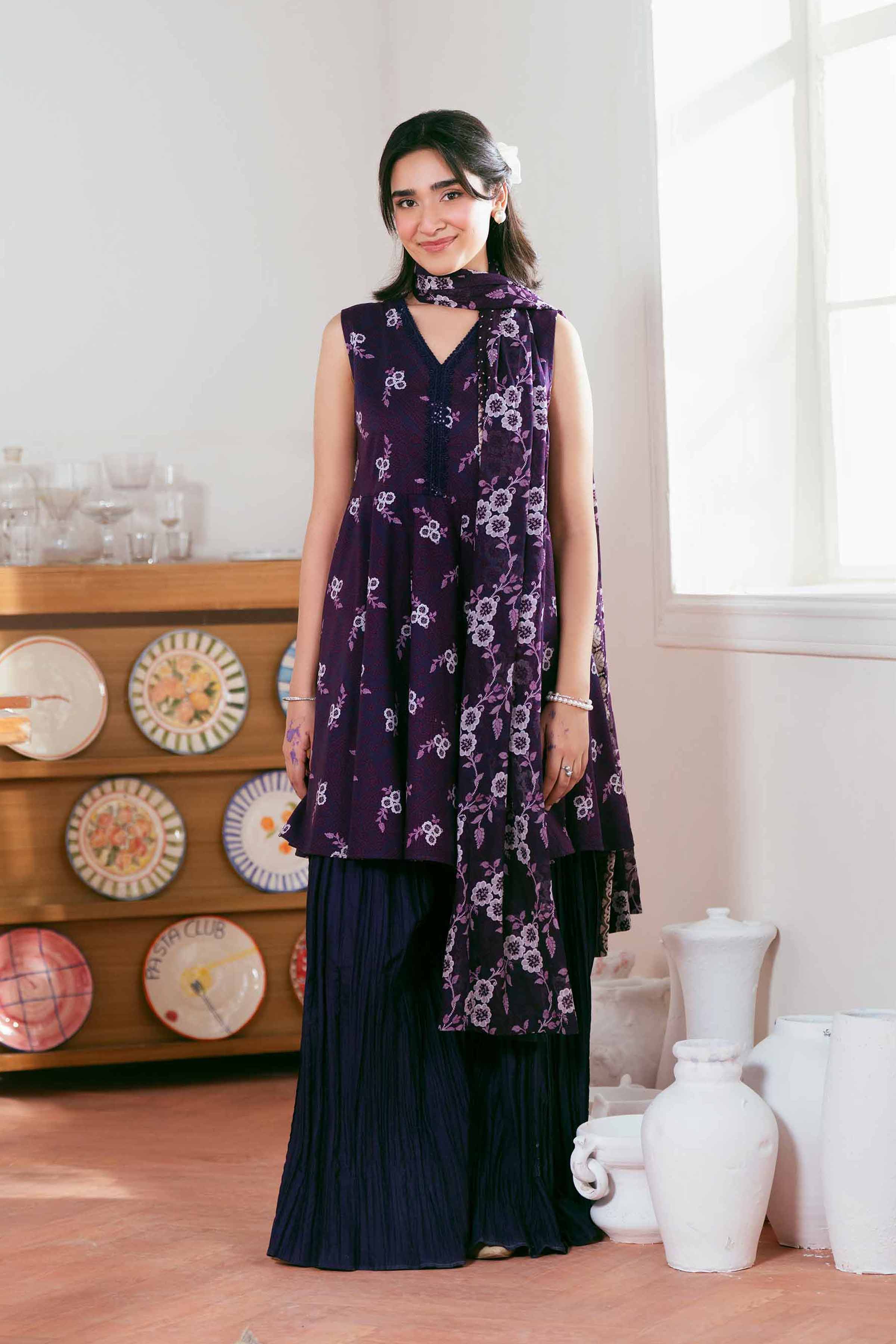 NISHATUAE - Purple Printed Lawn 3-piece Unstitched Suit