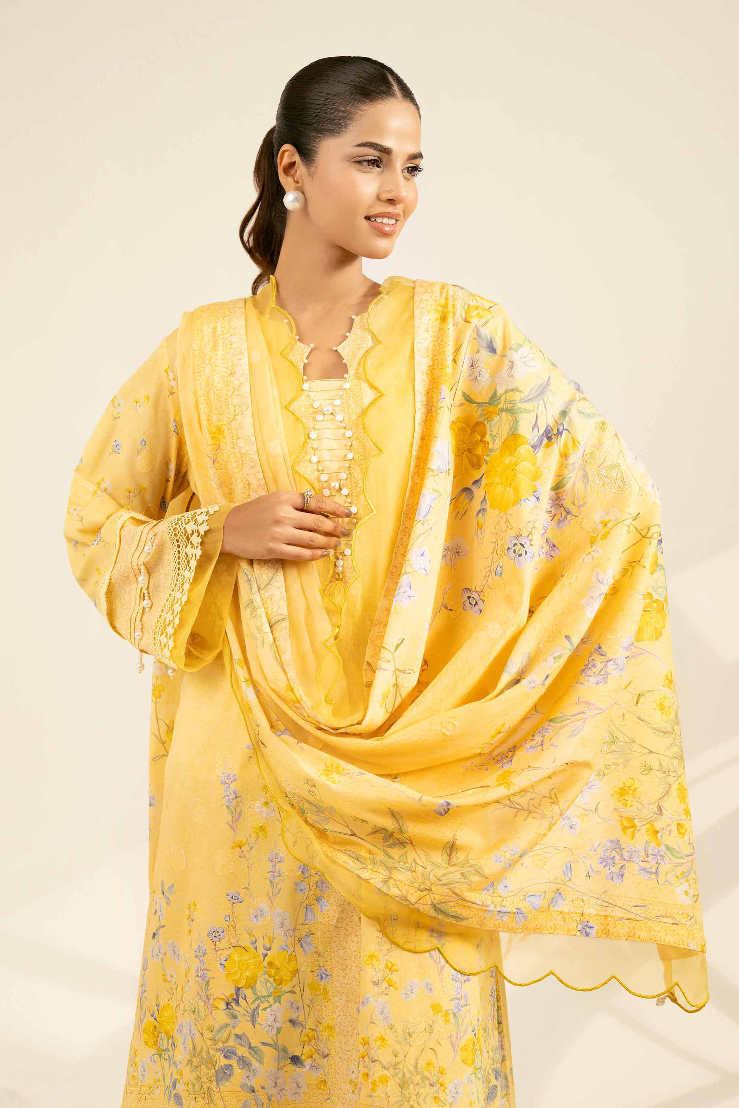 NISHATUAE - Yellow Printed Jacquard 3-piece Unstitched Suit