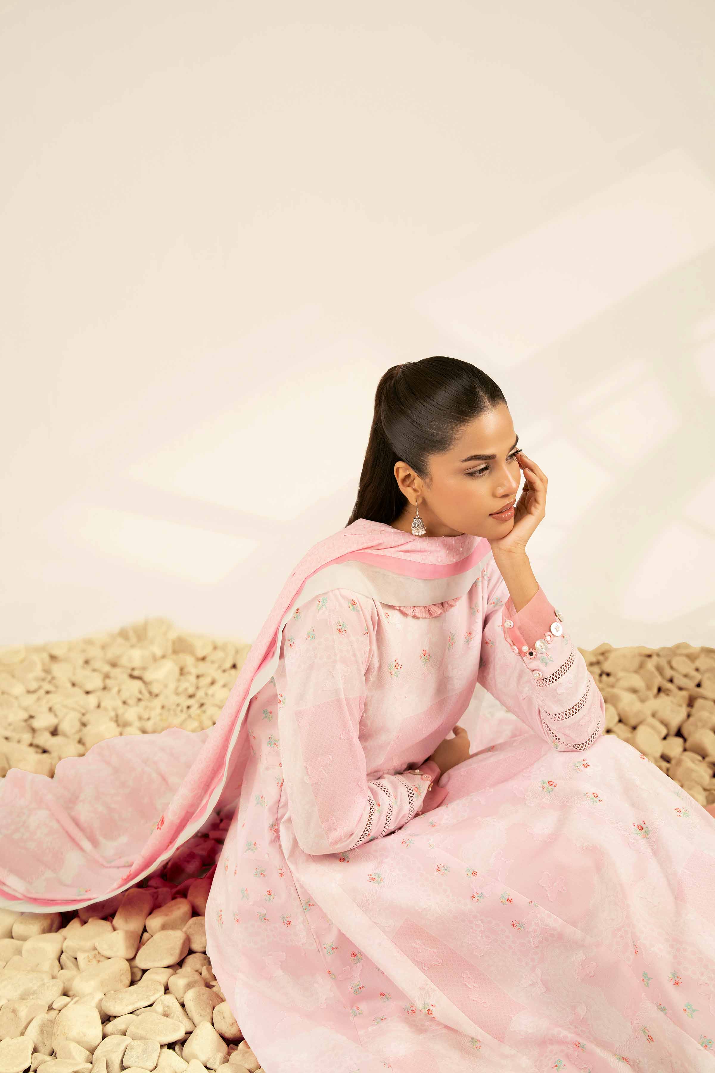 NISHATUAE - Pink Printed Jacquard 3-piece Unstitched Suit