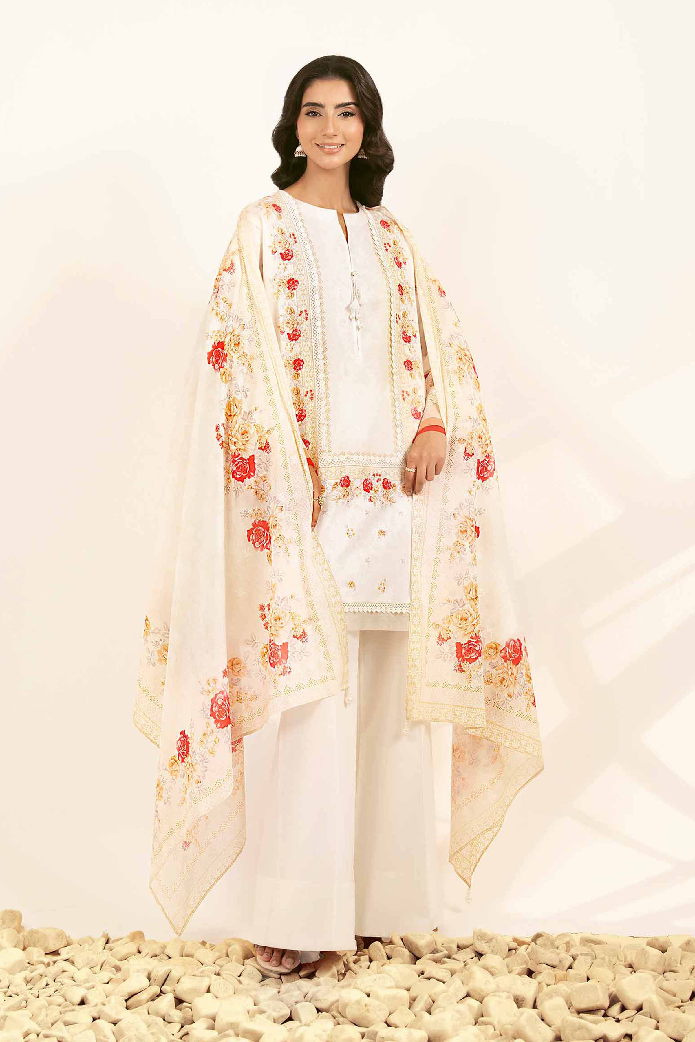 NISHATUAE - Off White Printed Jacquard 3-piece Unstitched Suit