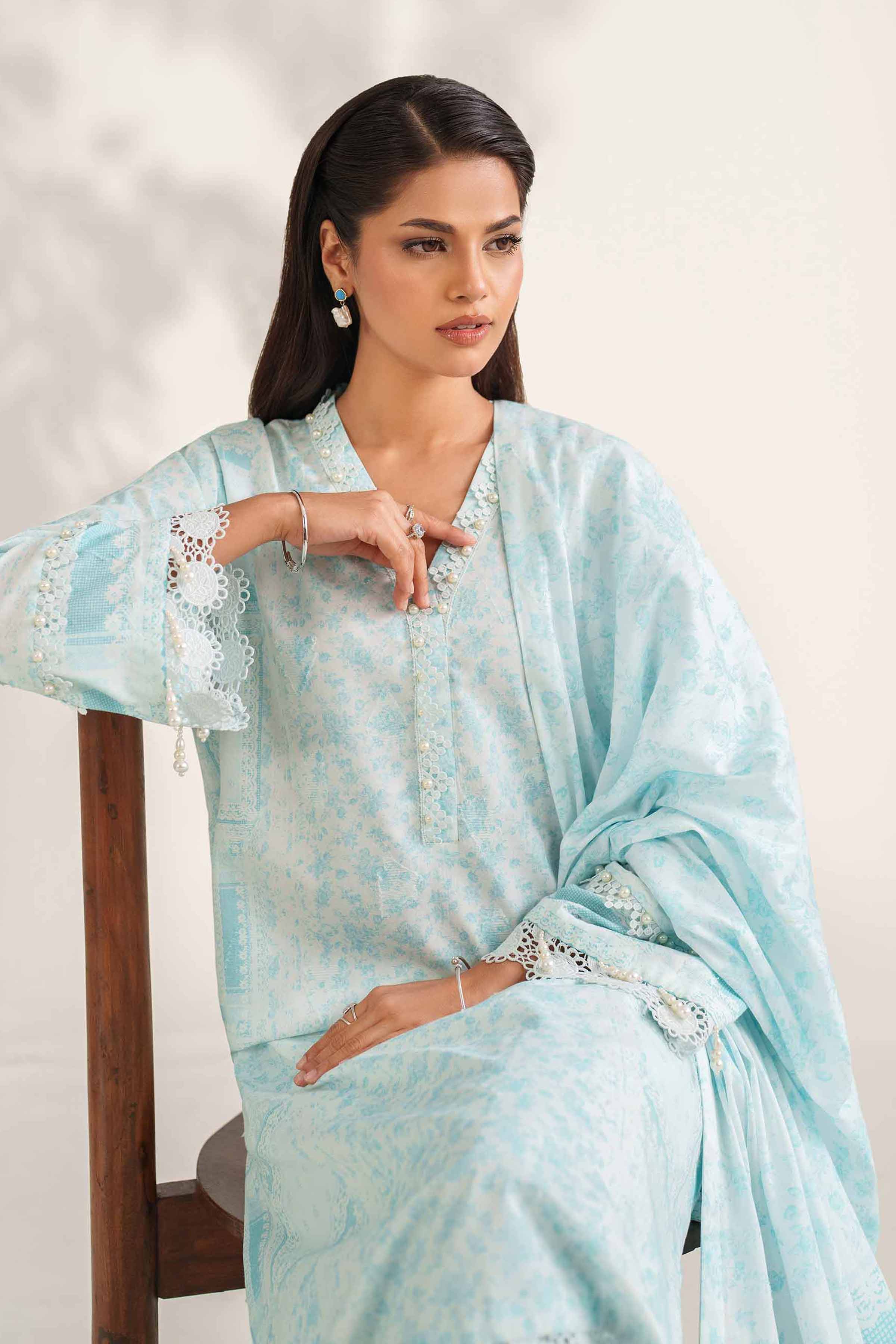 NISHATUAE - Blue Printed Jacquard 3-piece Unstitched Suit