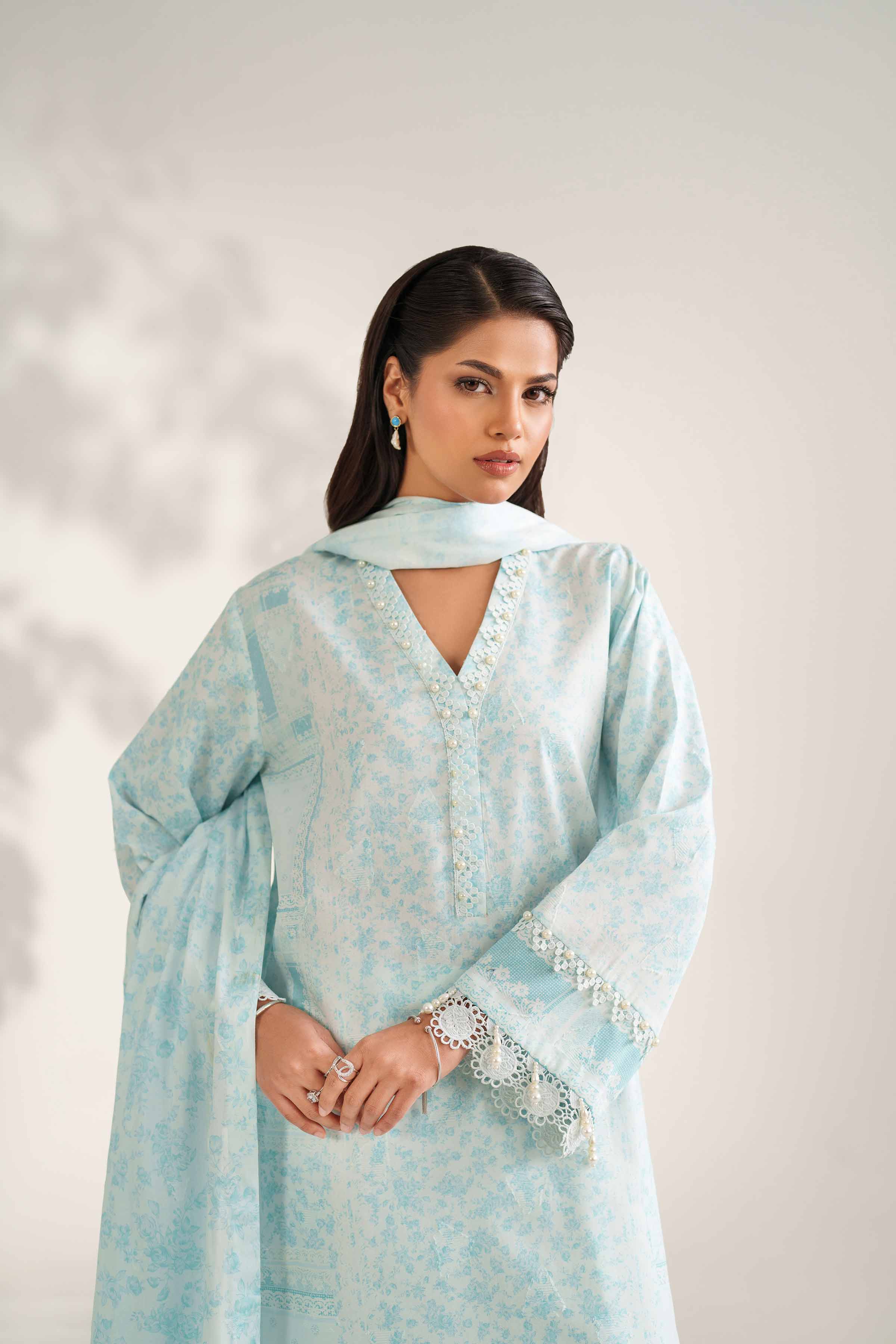 NISHATUAE - Blue Printed Jacquard 3-piece Unstitched Suit