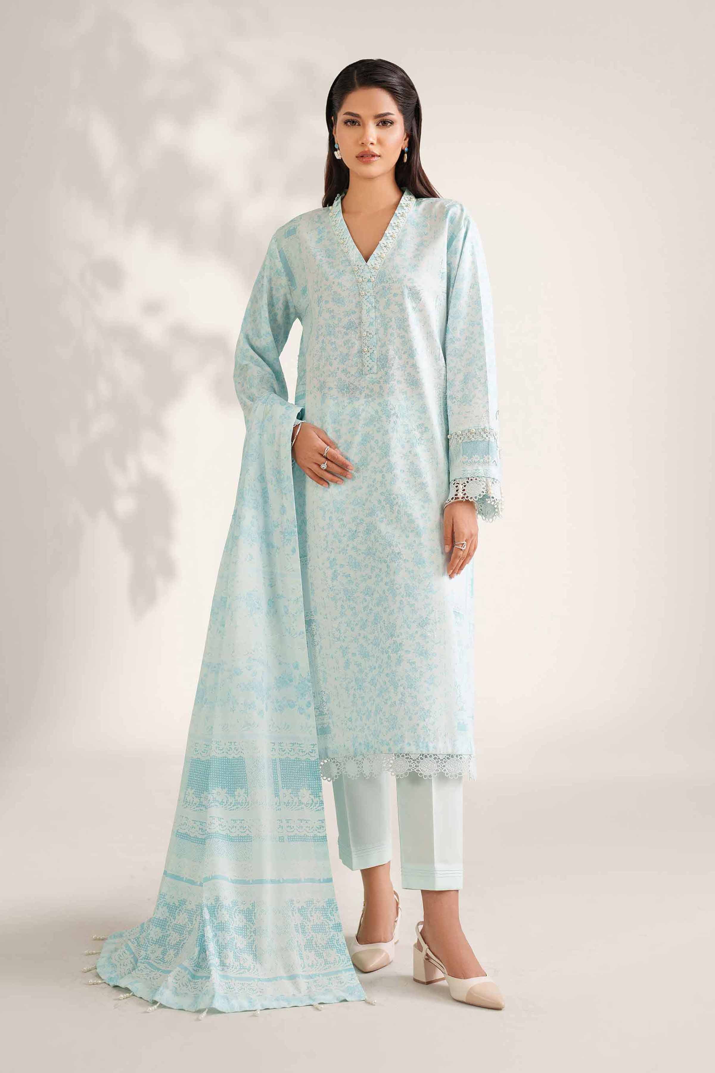 NISHATUAE - Blue Printed Jacquard 3-piece Unstitched Suit