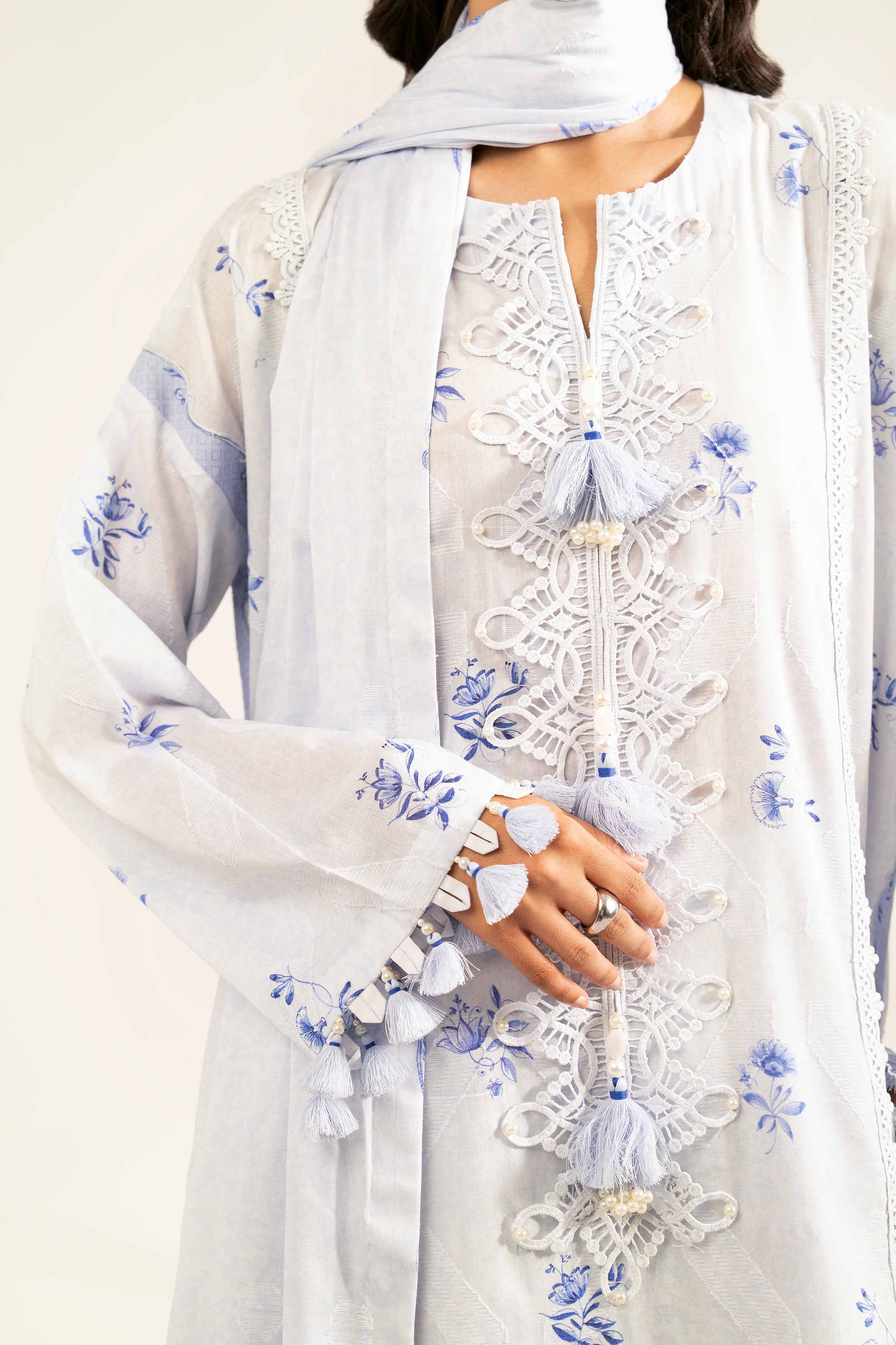 NISHATUAE - Blue Printed Jacquard 3-piece Unstitched Suit