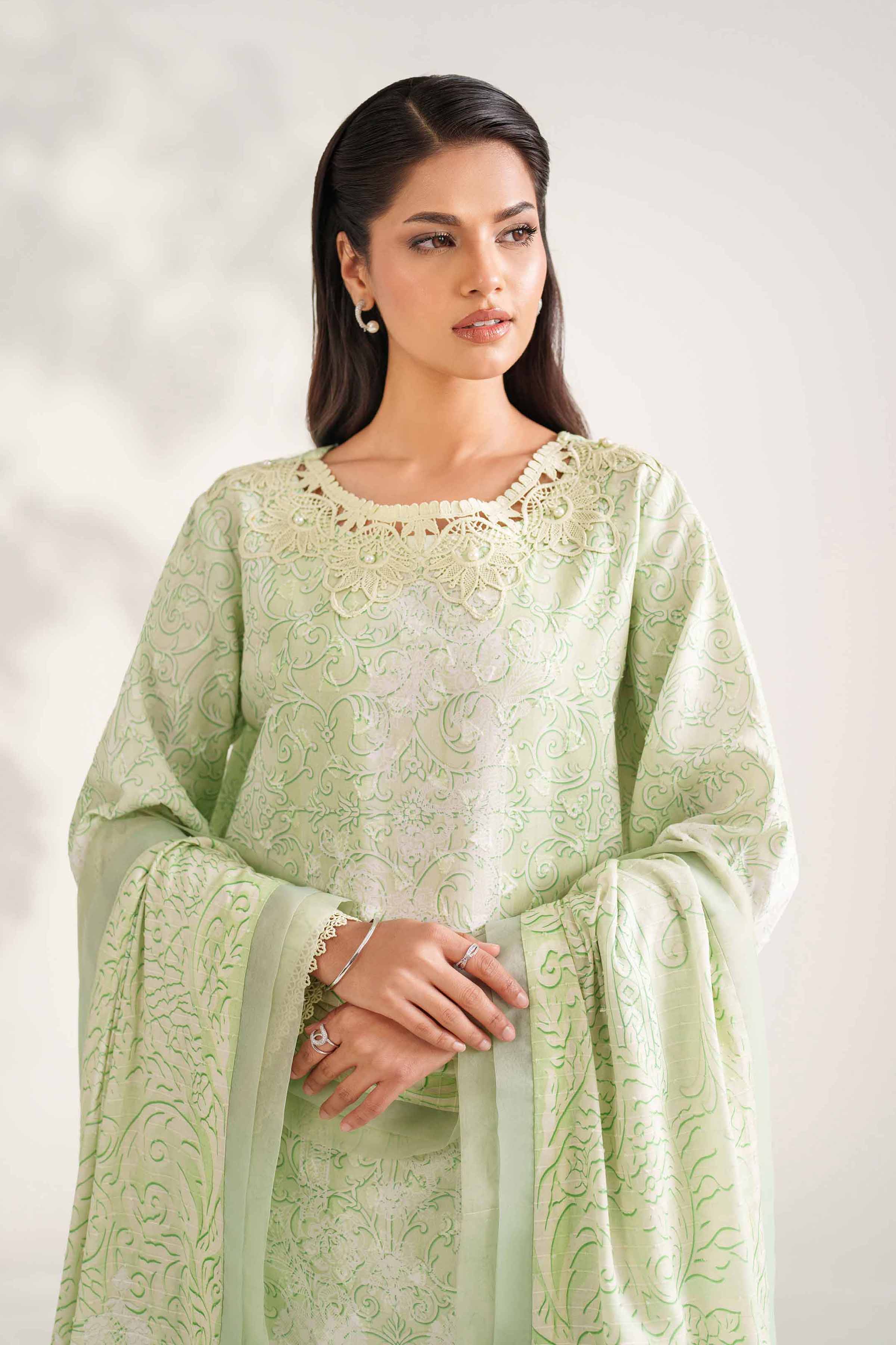 NISHATUAE - Green Printed Jacquard 3-piece Unstitched Suit