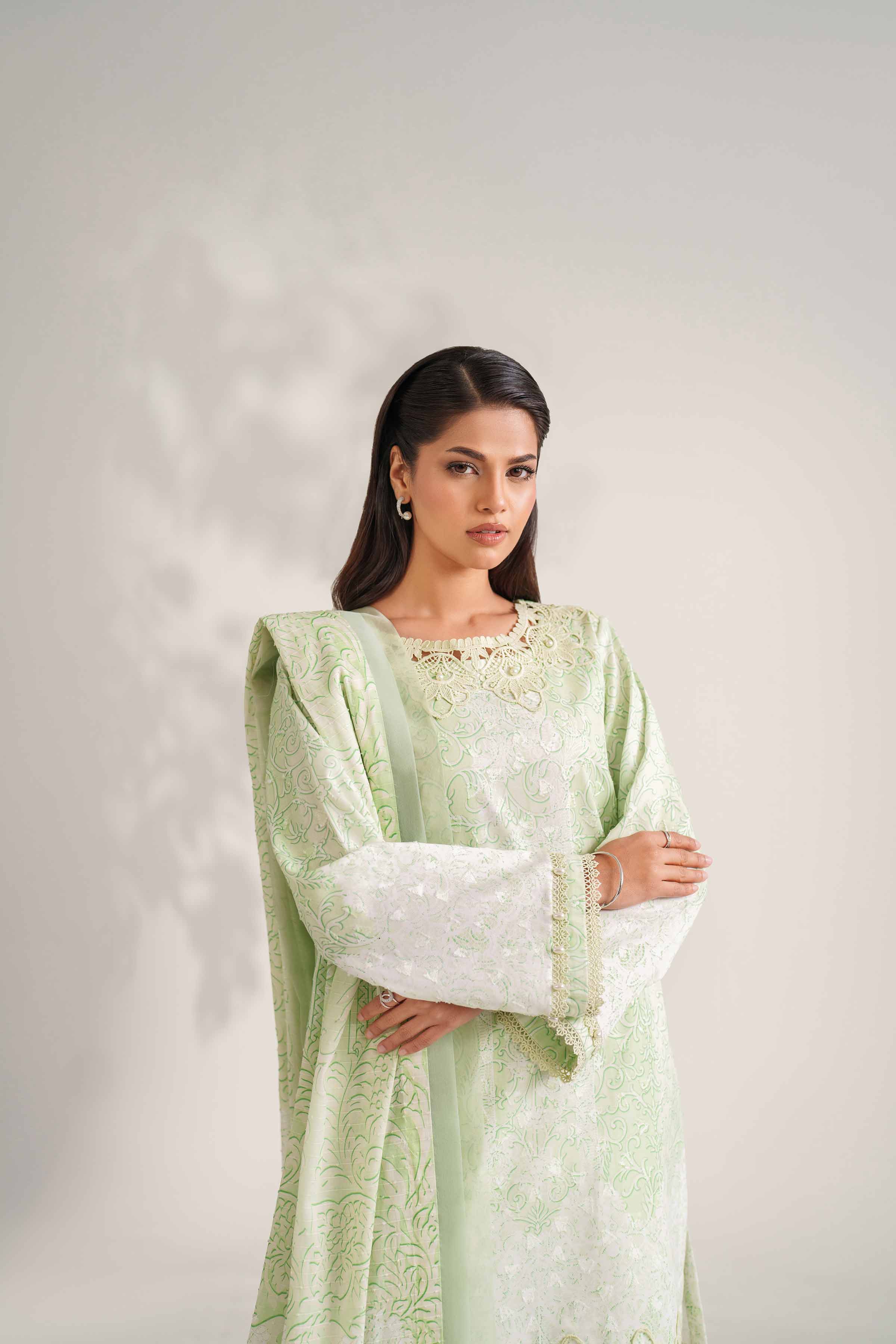 NISHATUAE - Green Printed Jacquard 3-piece Unstitched Suit