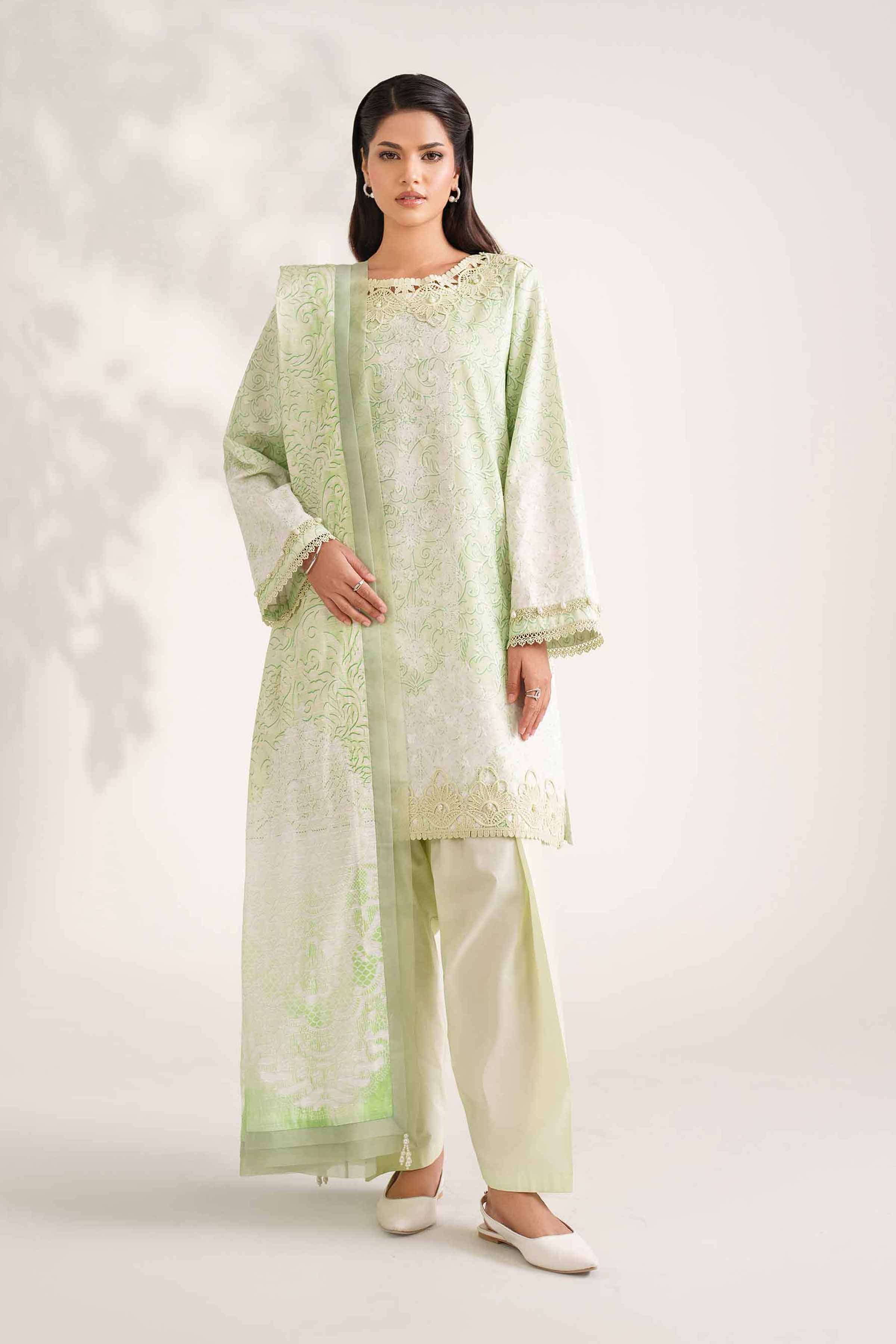 NISHATUAE - Green Printed Jacquard 3-piece Unstitched Suit