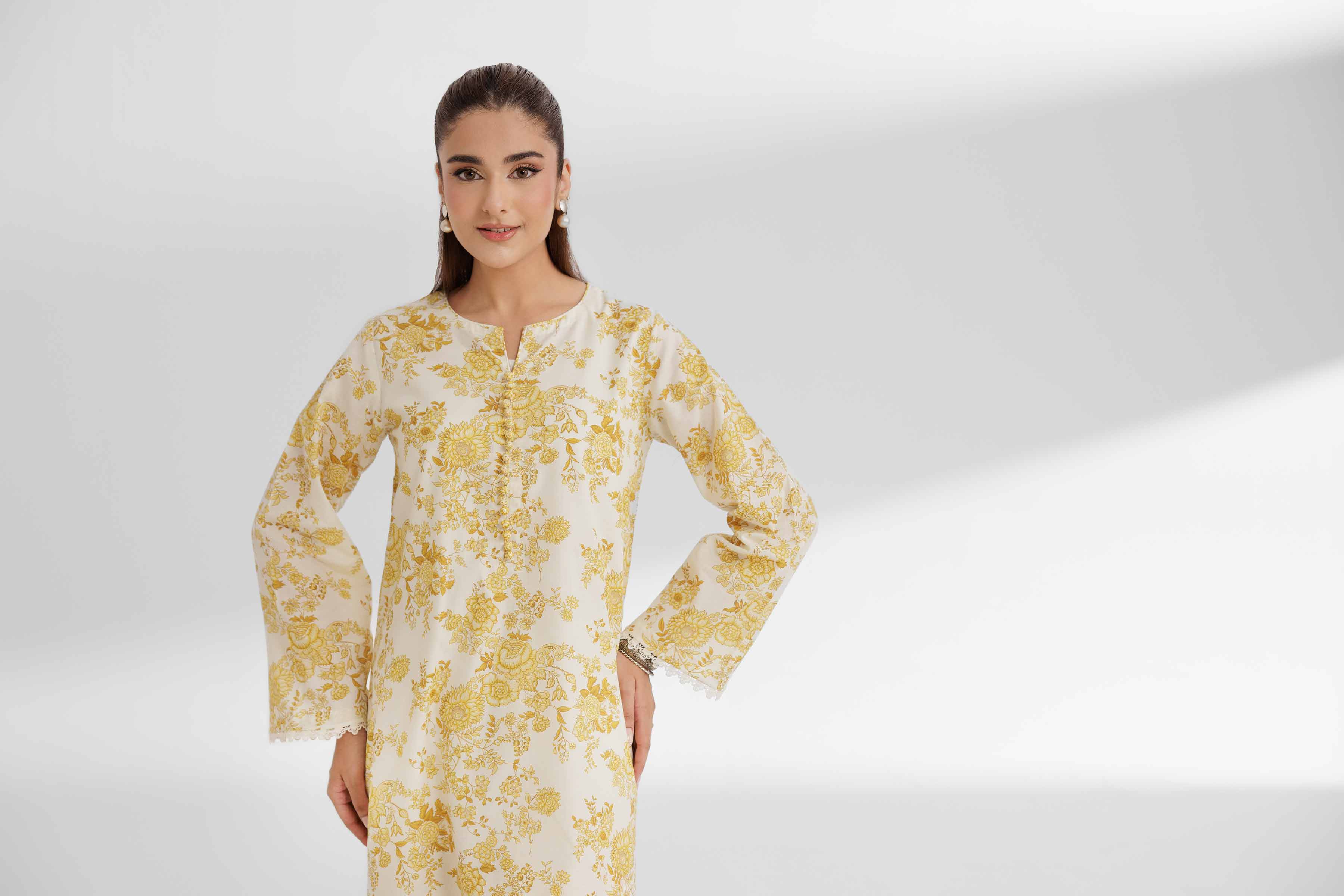 NISHATUAE - Yellow Printed Lawn 2-piece Unstitched Dress