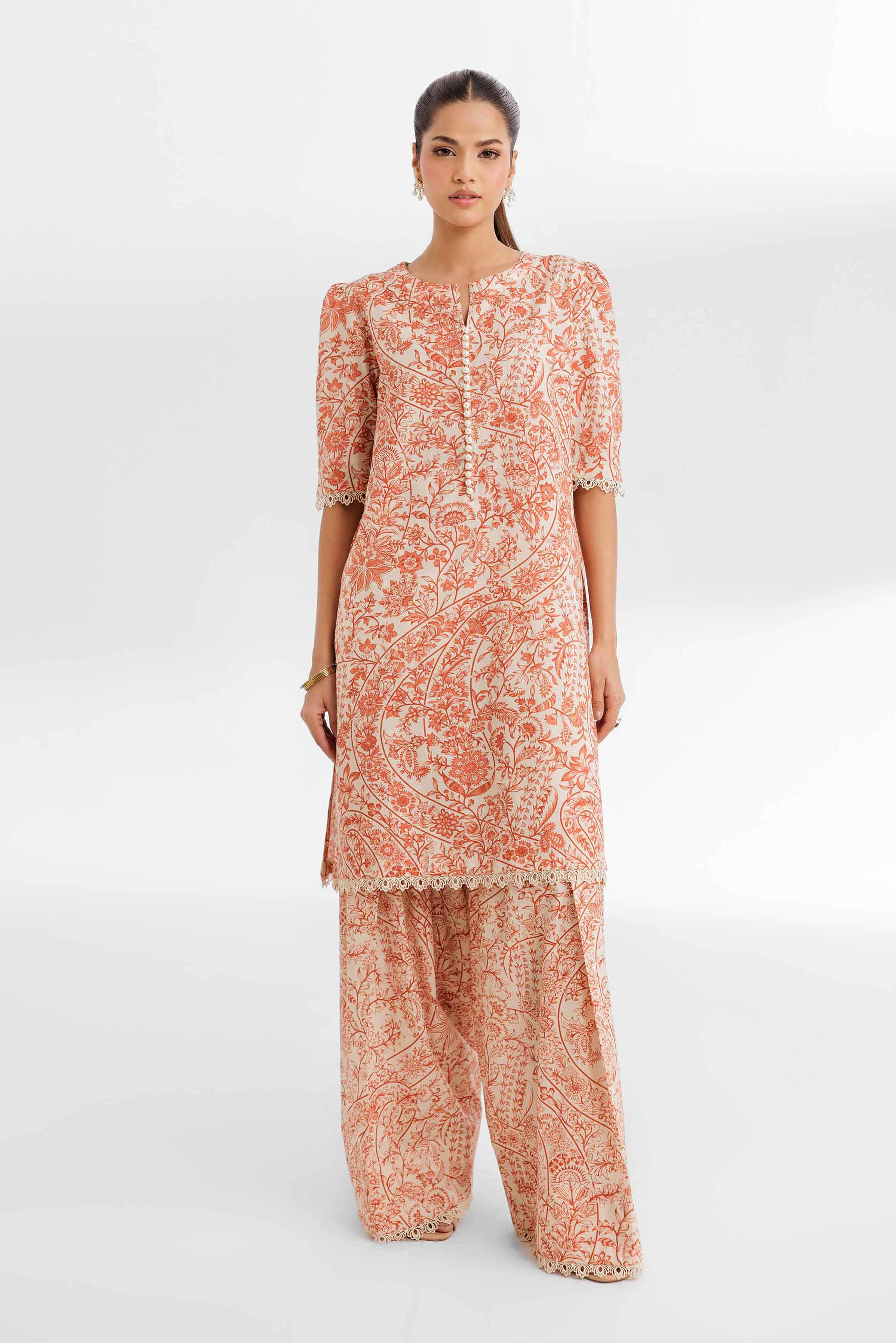 NISHATUAE - Beige Printed Lawn 2-piece Unstitched Dress