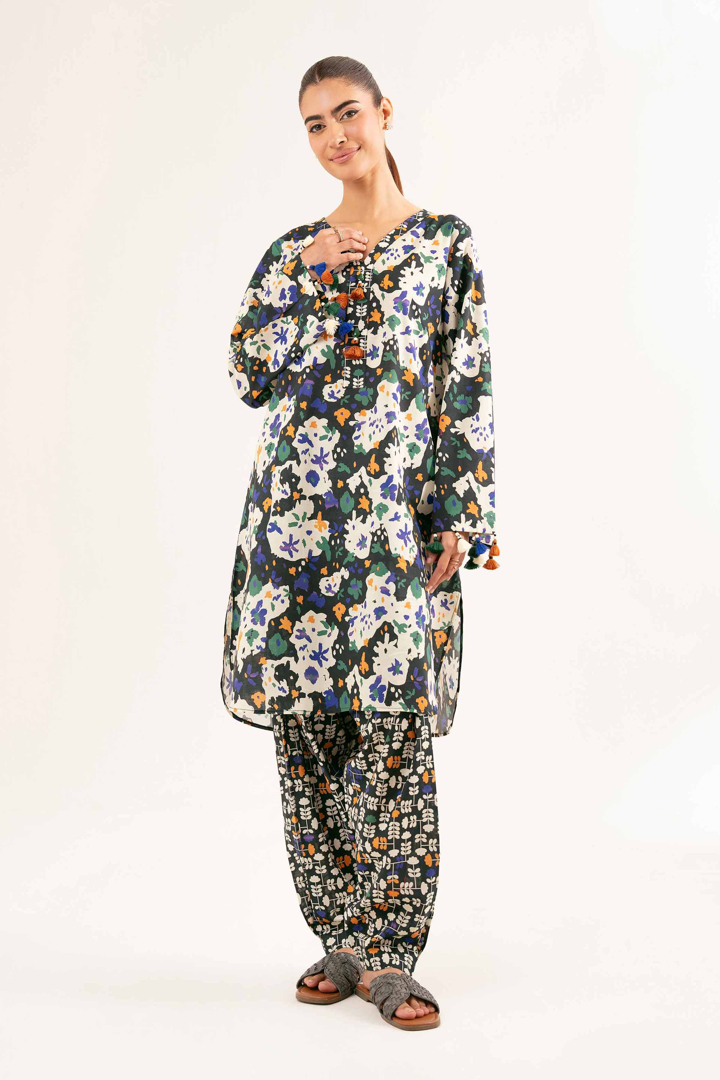 NISHATUAE - Black Printed Cambric 2-piece Unstitched Dress