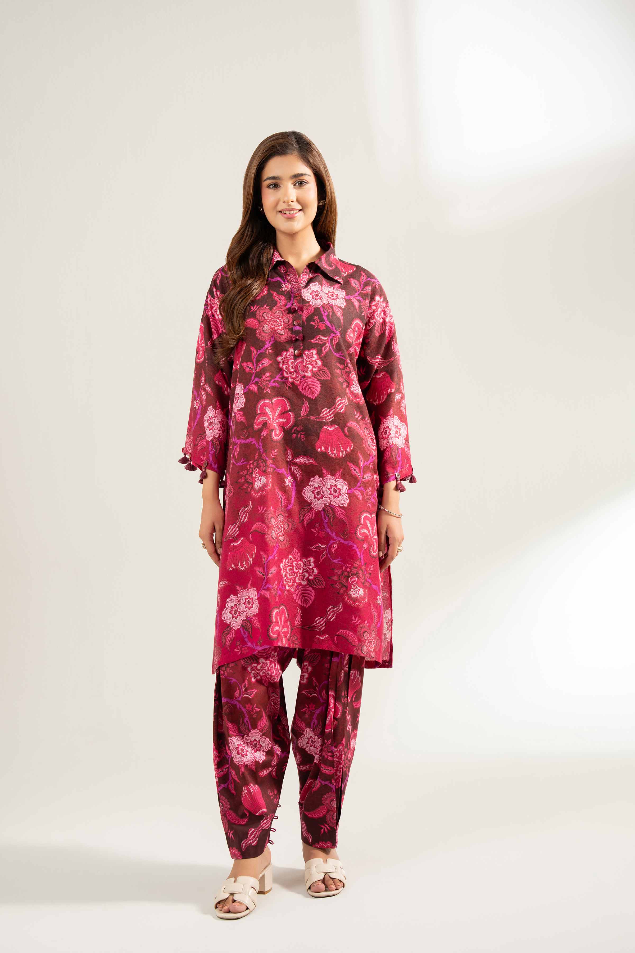 NISHATUAE - Maroon Printed Viscose 2-piece Unstitched Dress