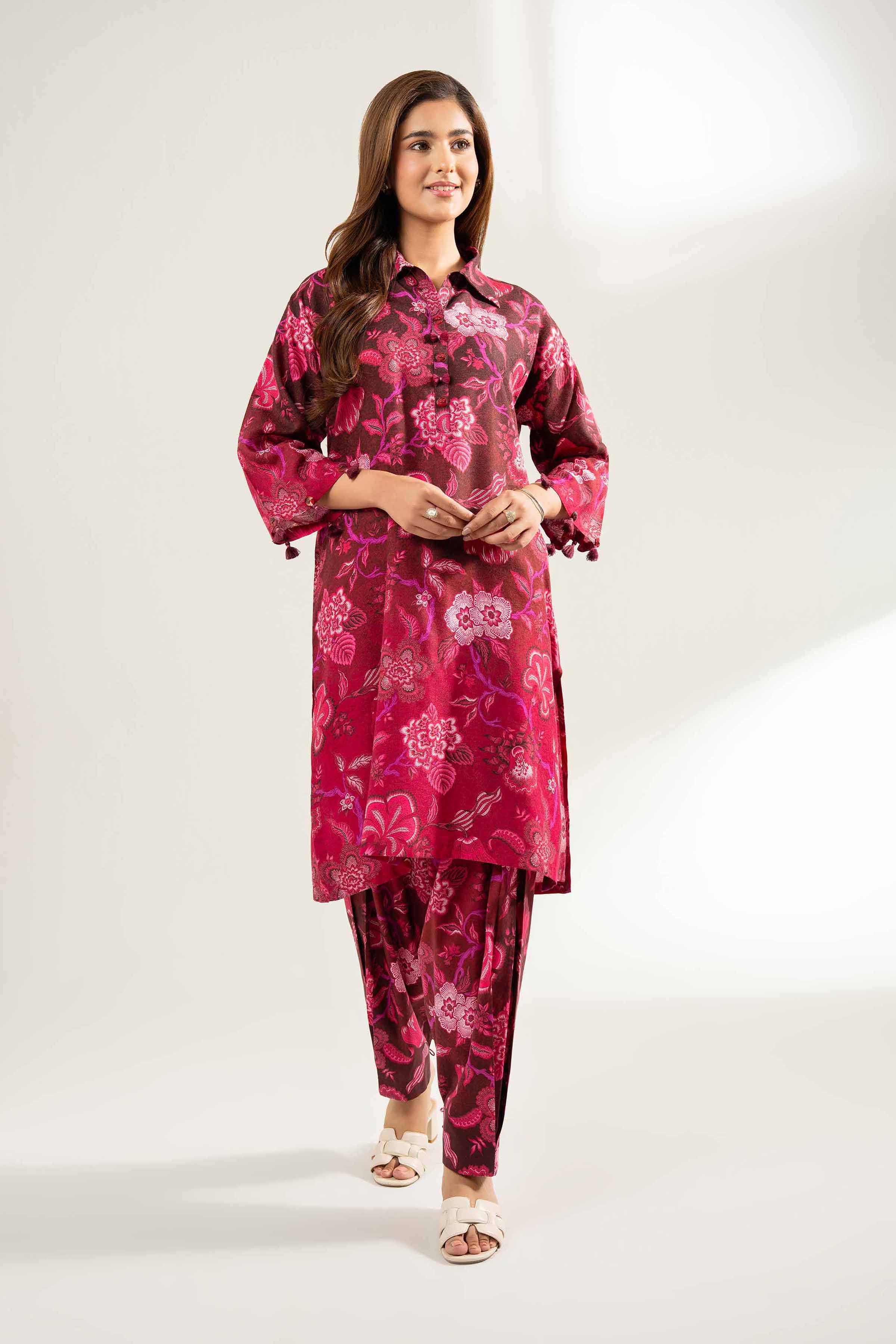 NISHATUAE - Maroon Printed Viscose 2-piece Unstitched Dress