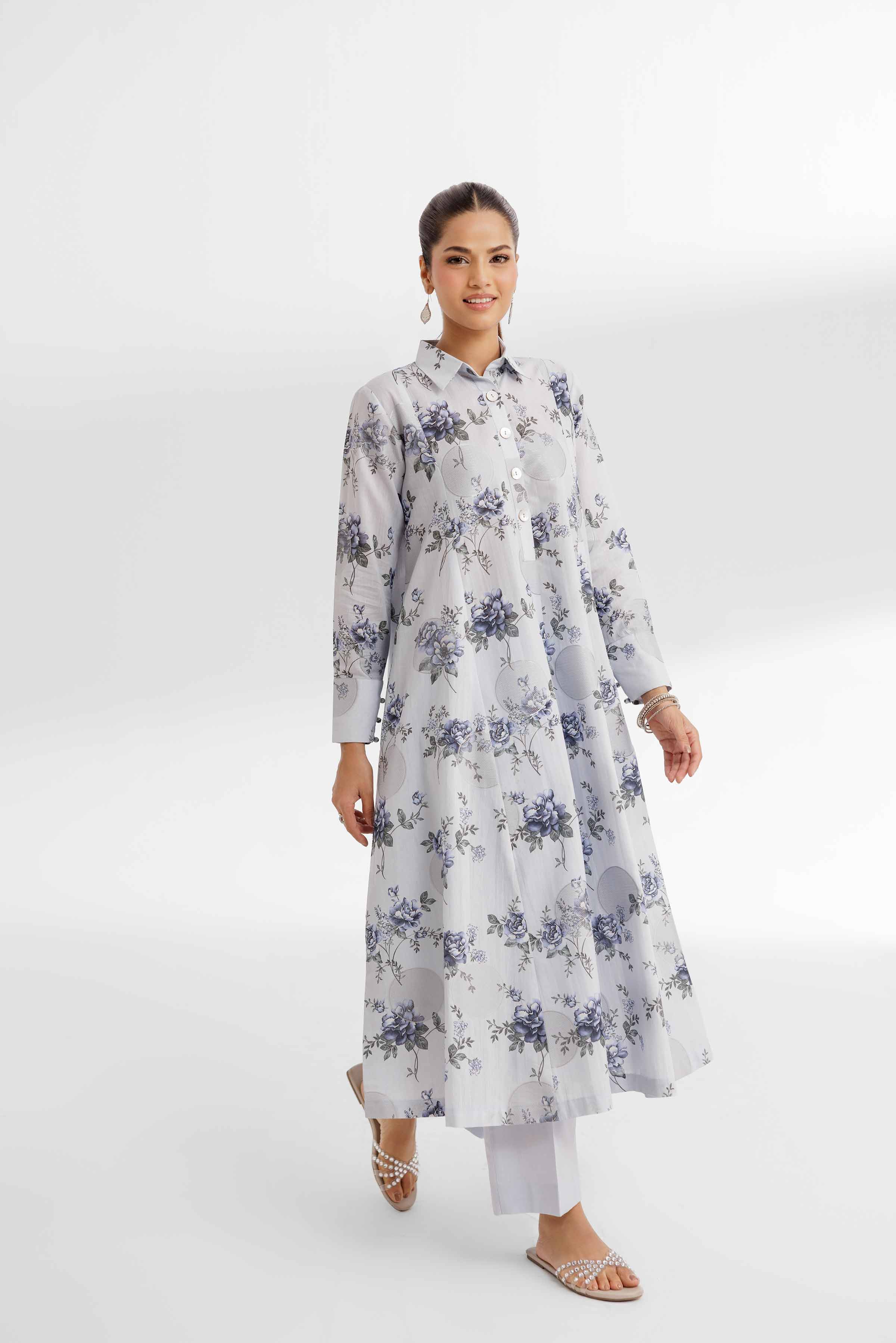 NISHATUAE - Blue Printed Jacquard 2-piece Unstitched Dress