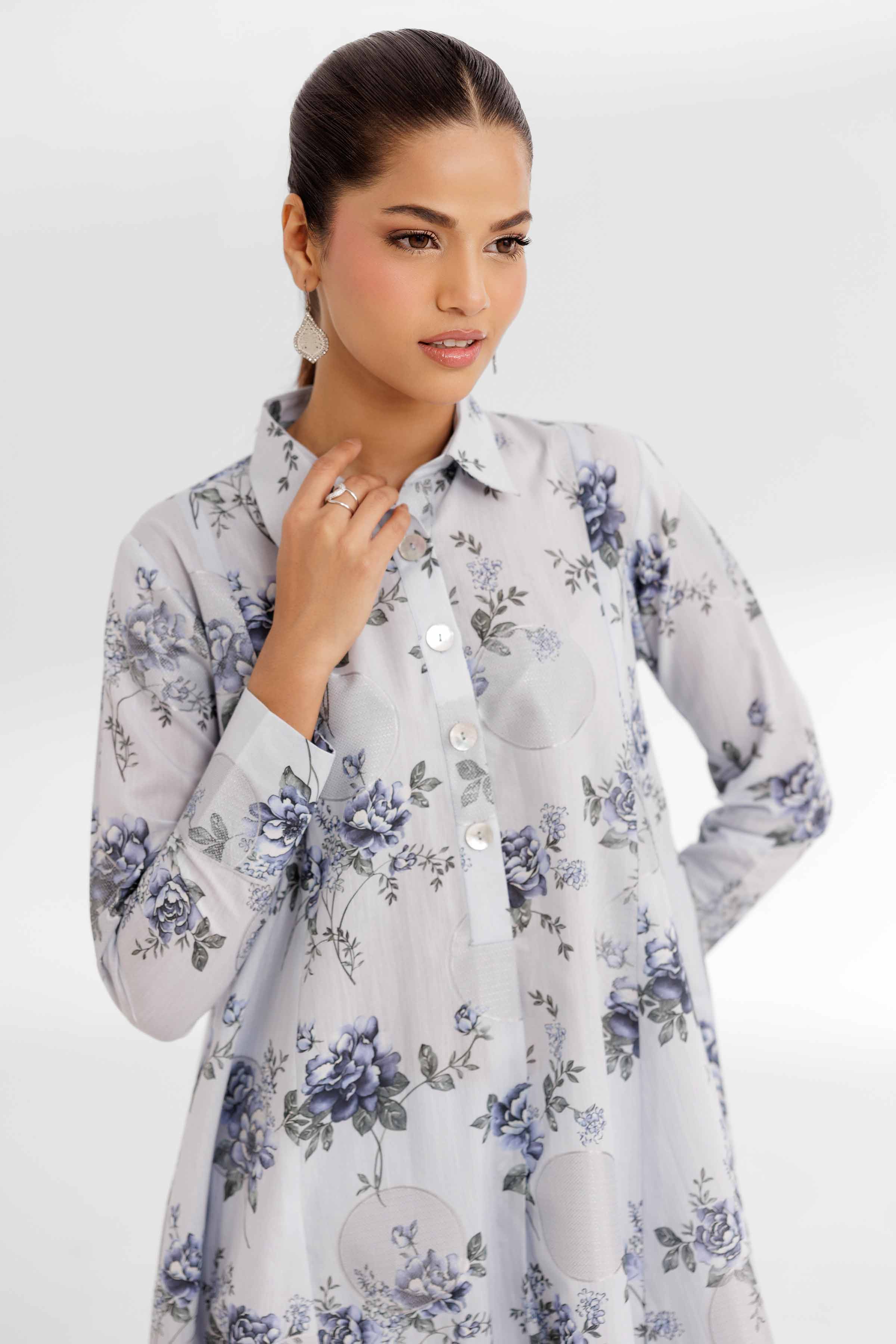 NISHATUAE - Blue Printed Jacquard 2-piece Unstitched Dress