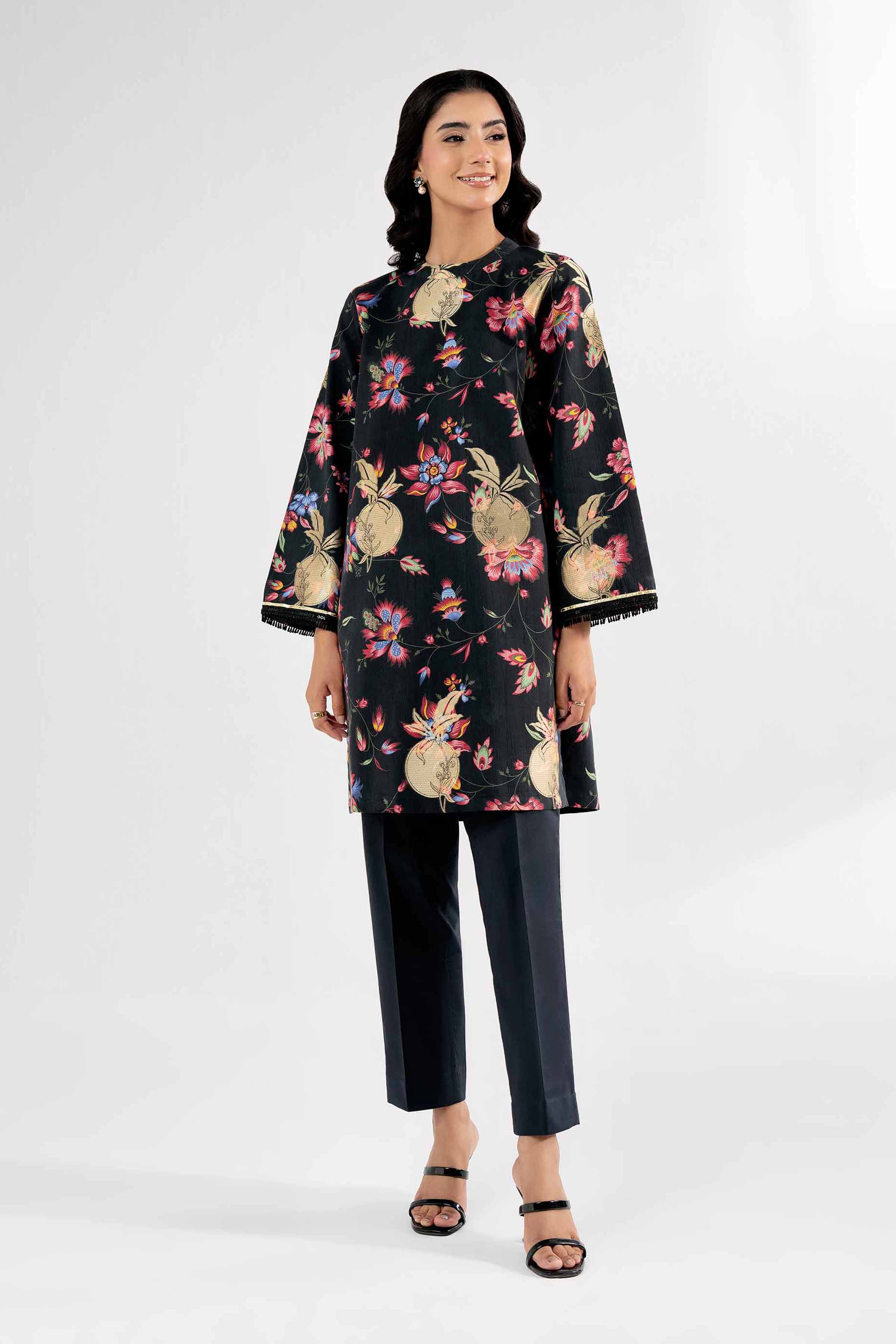 NISHATUAE - Black Printed Jacquard 2-piece Unstitched Dress