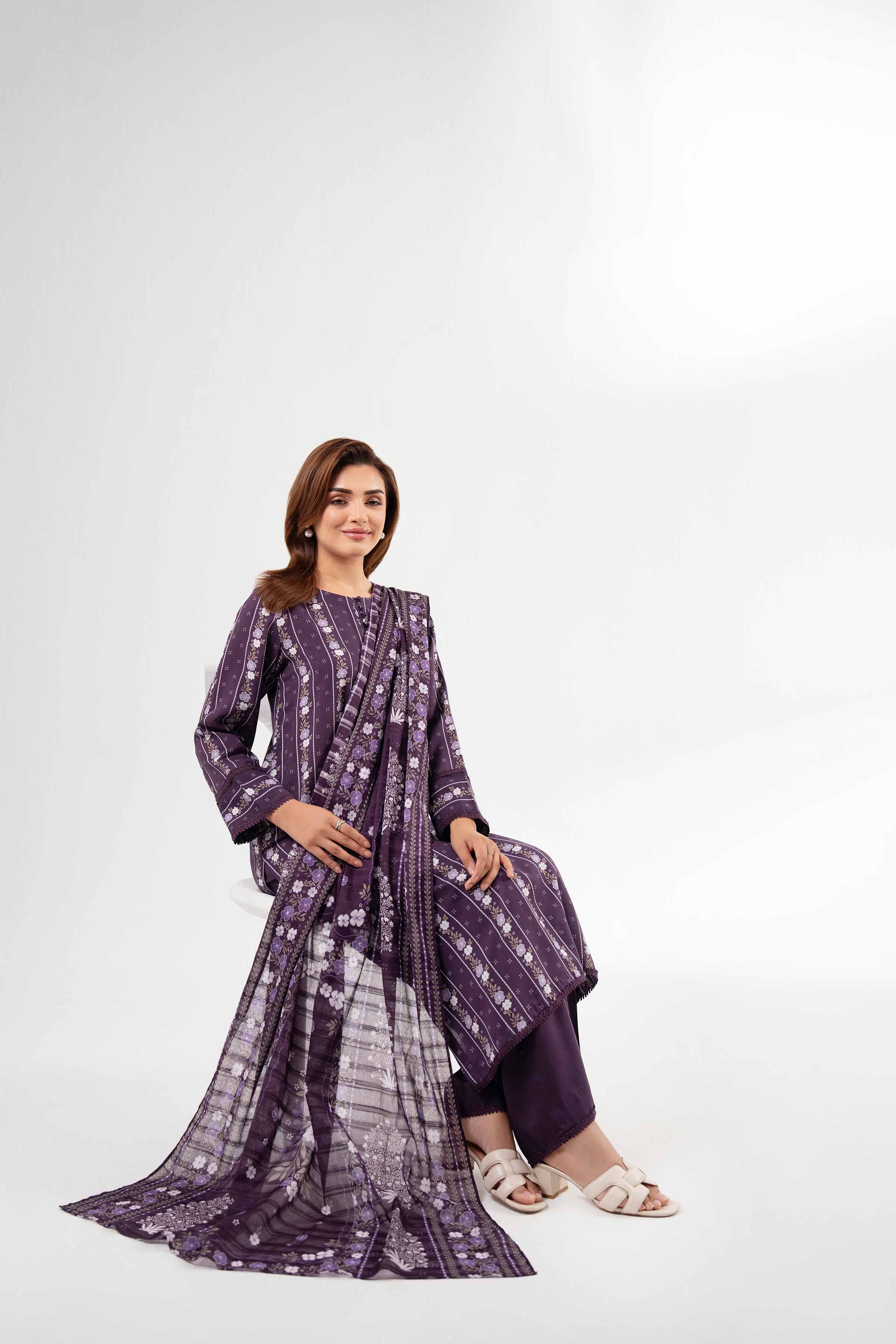 NISHATUAE - Purple Printed Lawn 3-piece Unstitched Suit