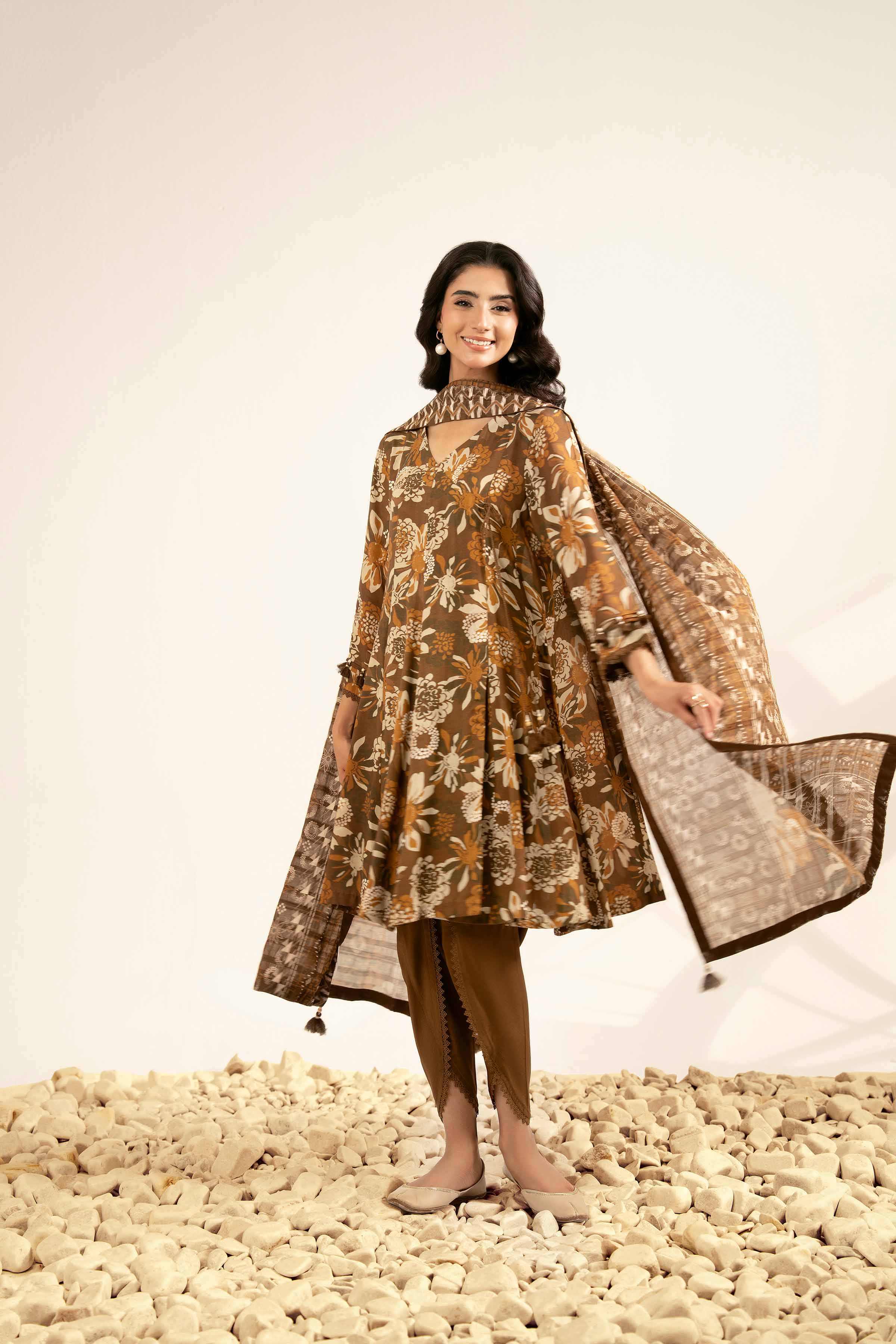 NISHATUAE - Brown Printed Lawn 3-piece Unstitched Suit