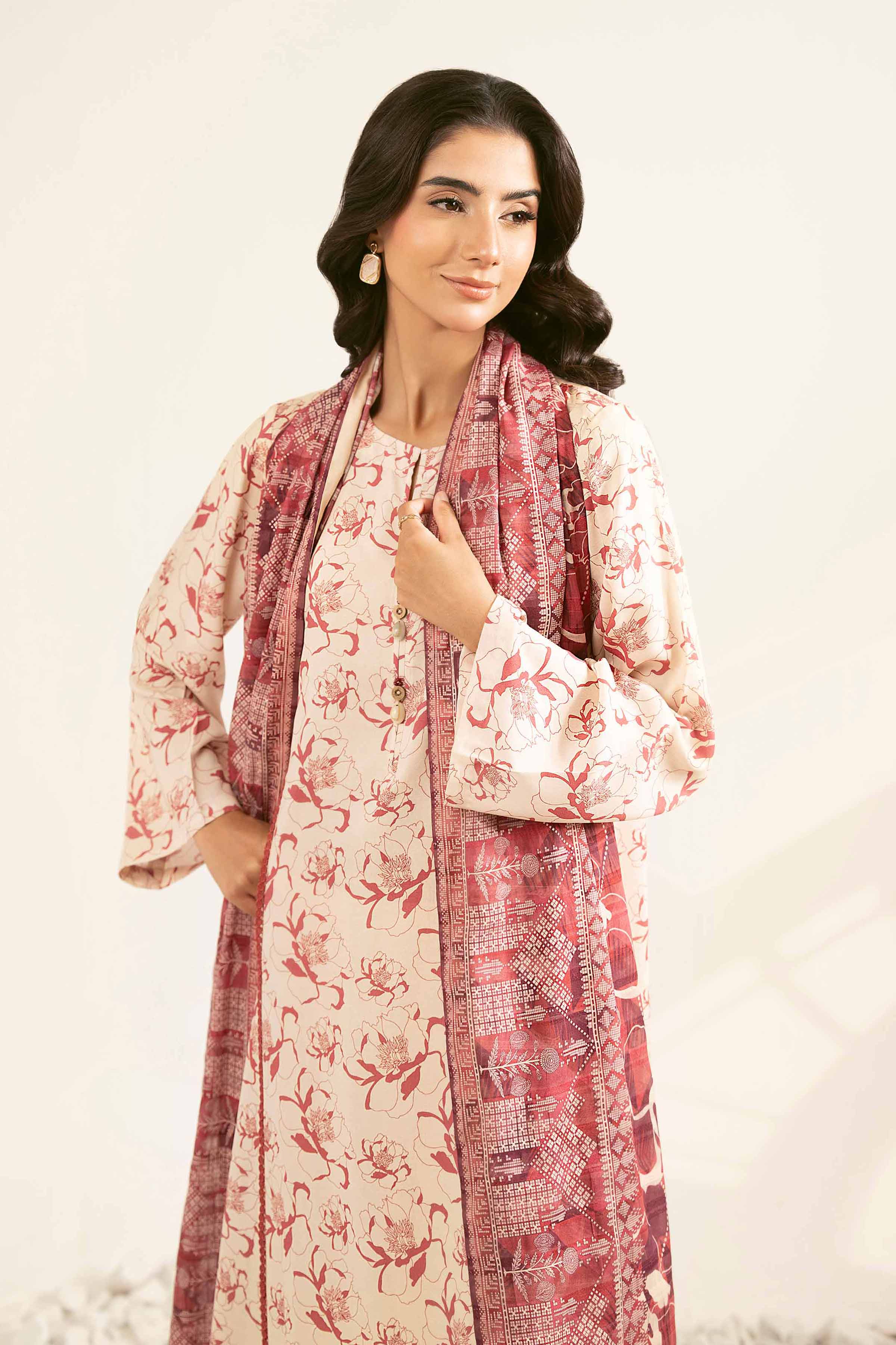 NISHATUAE - Beige Printed Lawn 3-piece Unstitched Suit