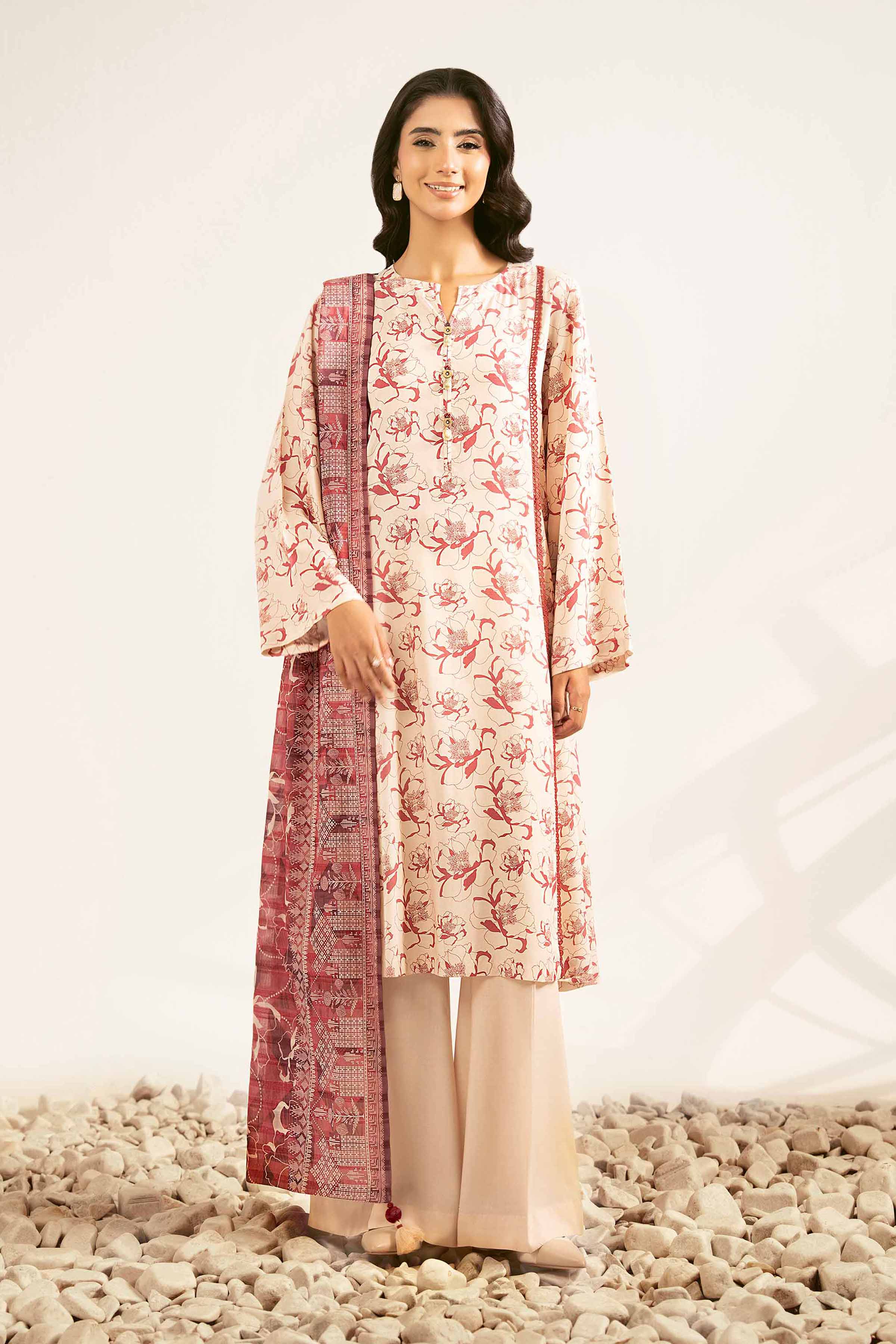 NISHATUAE - Beige Printed Lawn 3-piece Unstitched Suit