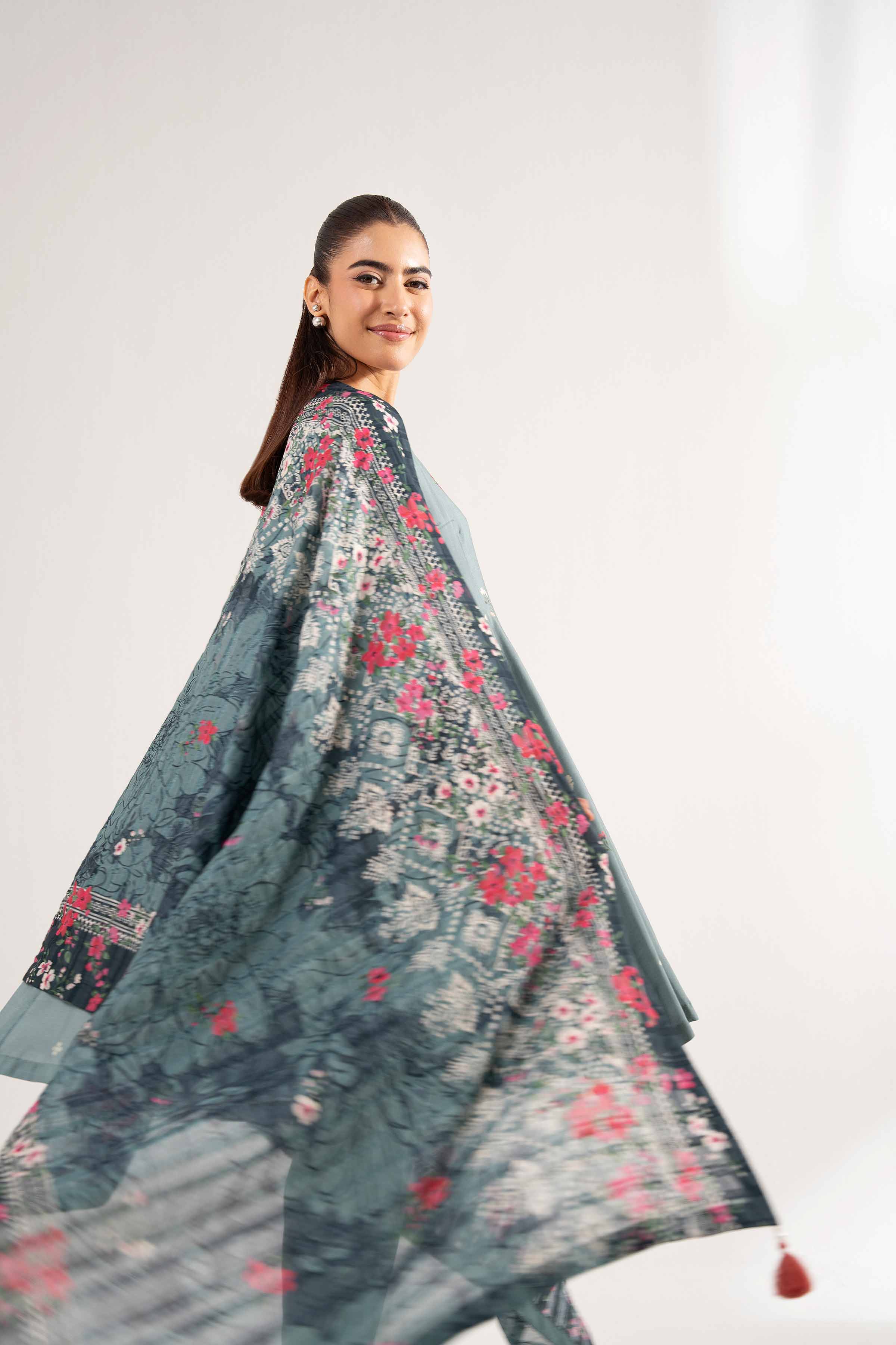 NISHATUAE - Teal Printed Lawn 3-piece Unstitched Suit