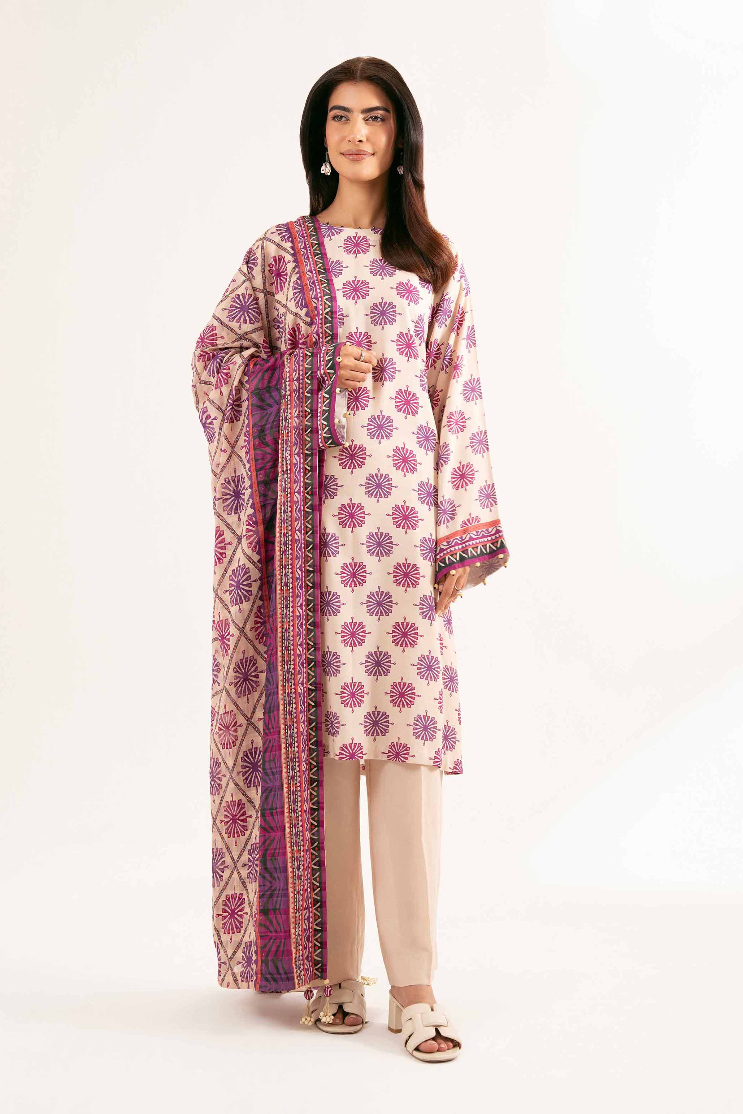 NISHATUAE - Beige Printed Lawn 3-piece Unstitched Suit