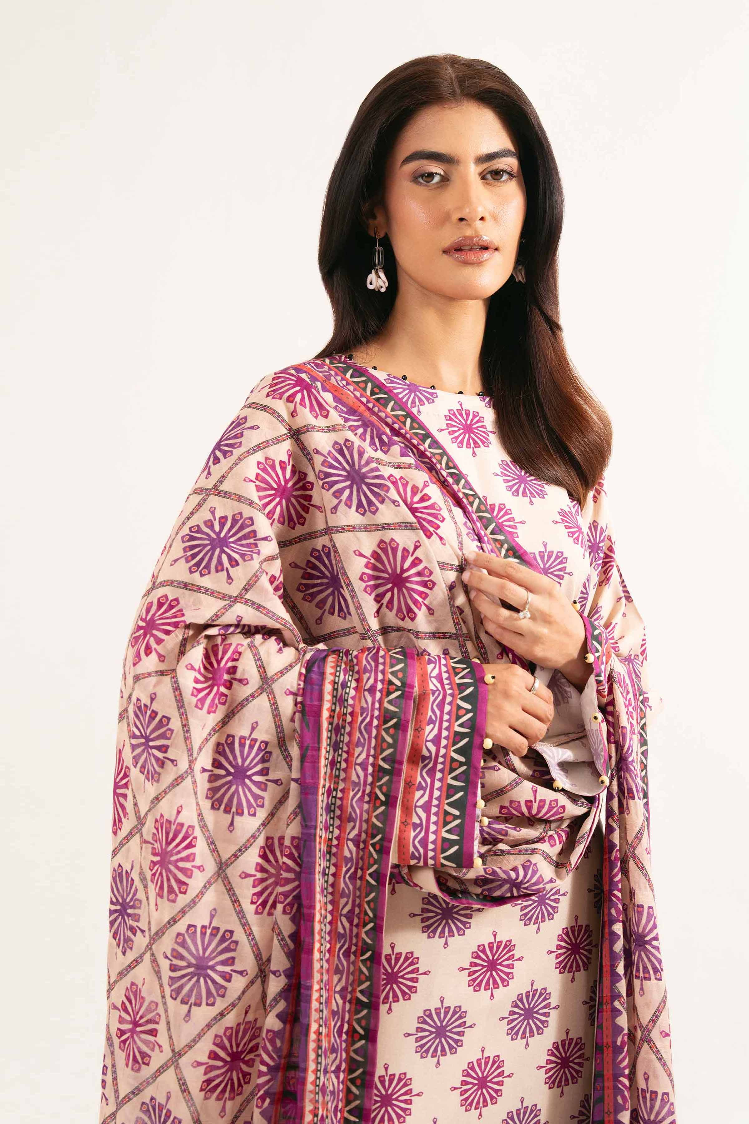 NISHATUAE - Beige Printed Lawn 3-piece Unstitched Suit