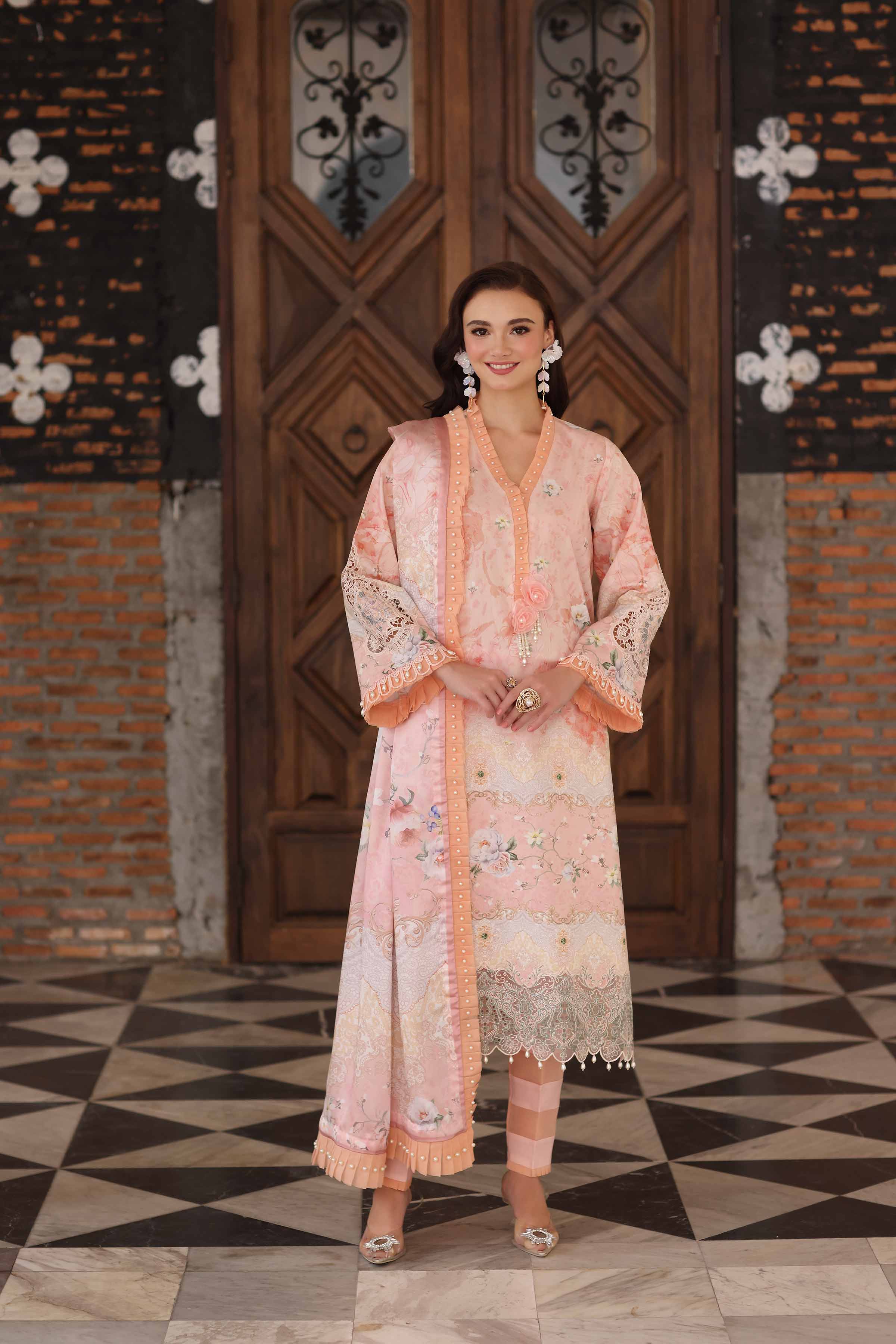 NISHATUAE - Peach Embroidered Cambric 3-piece Unstitched Suit