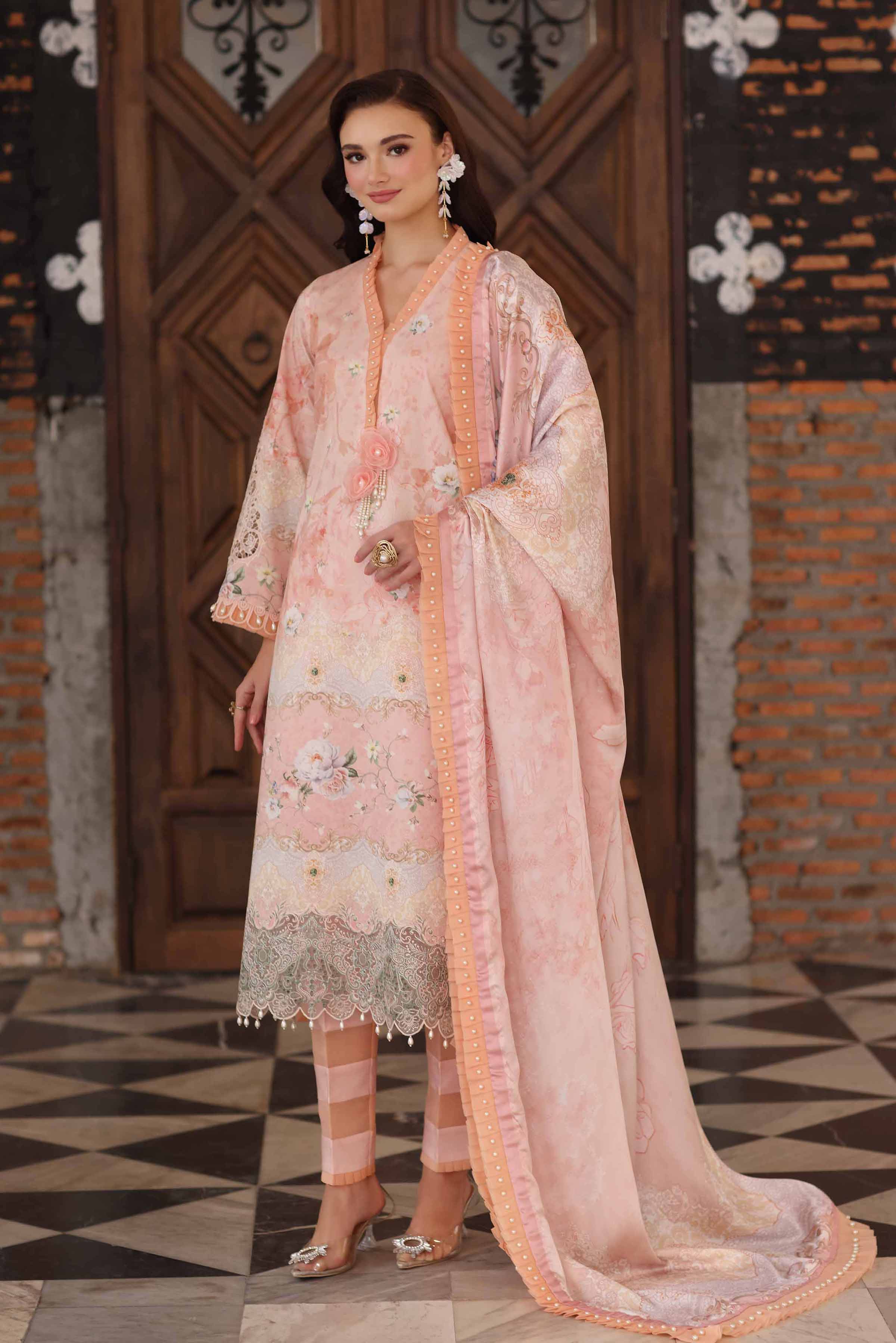 NISHATUAE - Peach Embroidered Cambric 3-piece Unstitched Suit
