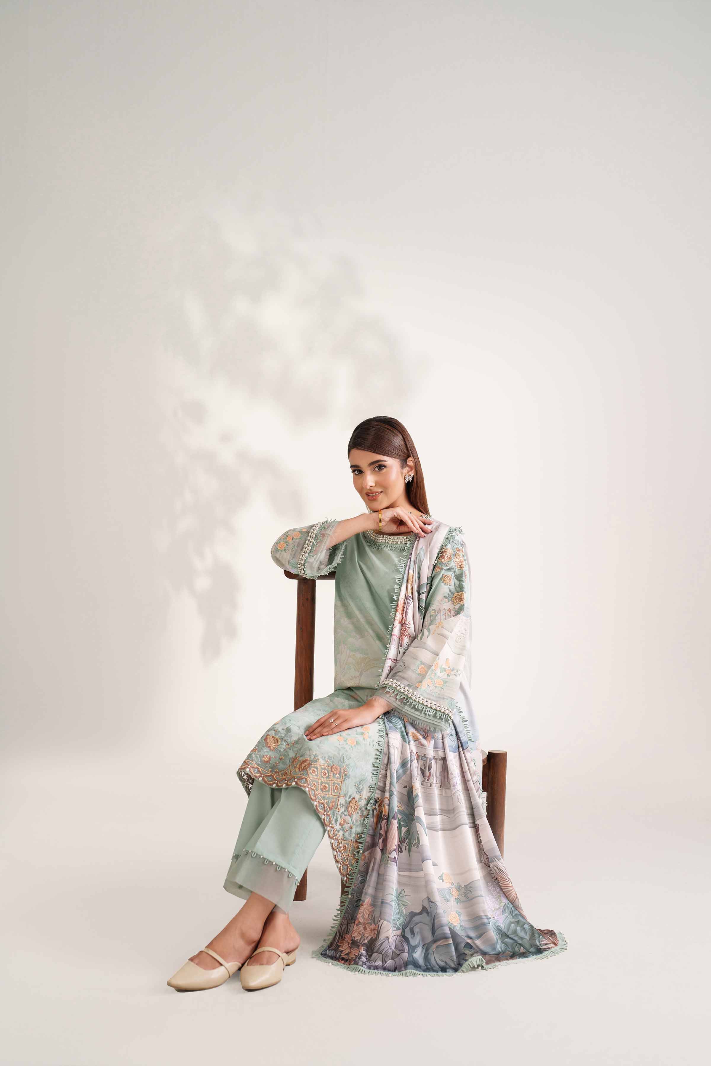 NISHATUAE - Green Embroidered Cambric 3-piece Unstitched Suit