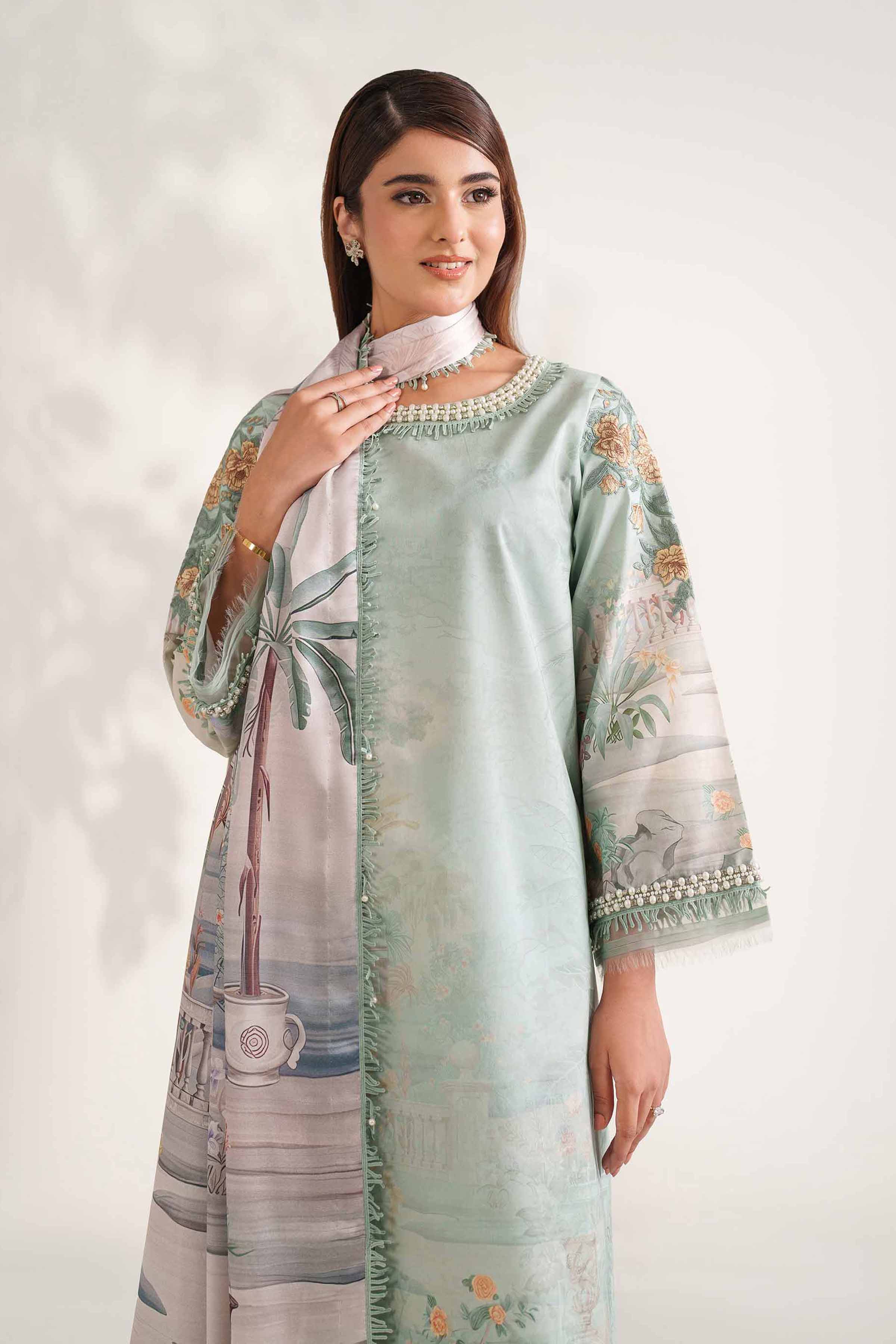 NISHATUAE - Green Embroidered Cambric 3-piece Unstitched Suit