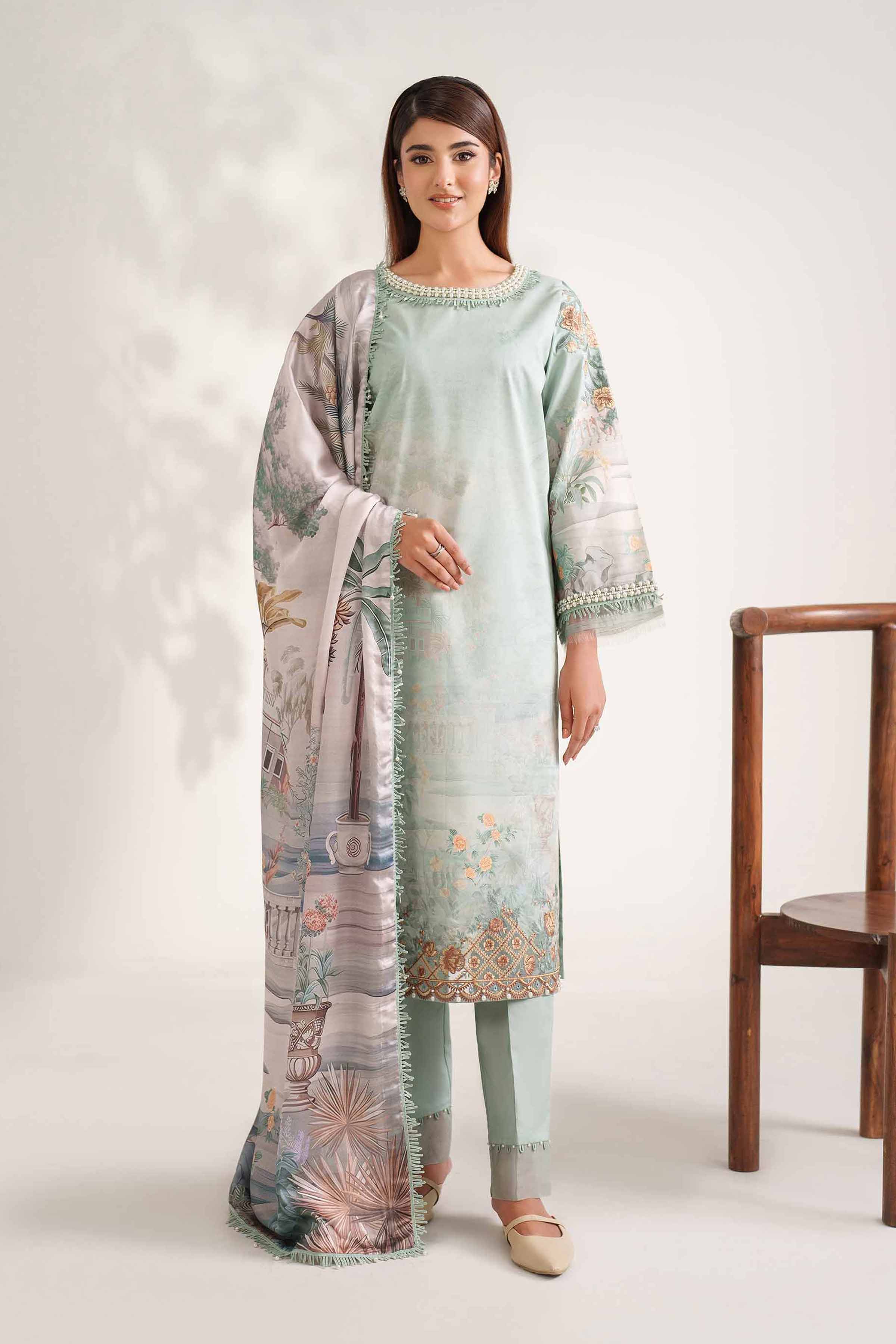 NISHATUAE - Green Embroidered Cambric 3-piece Unstitched Suit