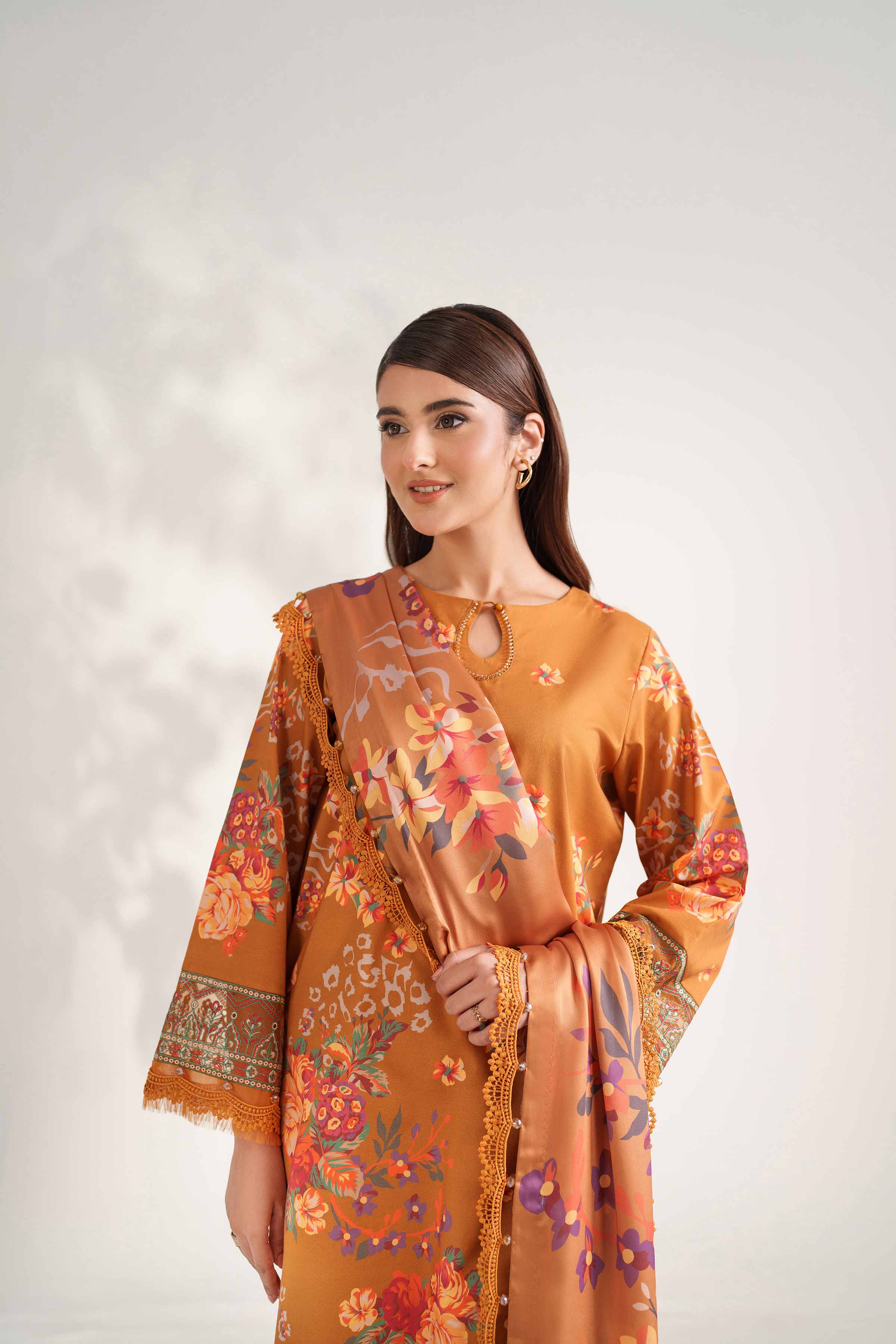 NISHATUAE - Brown Embroidered Cambric 3-piece Unstitched Suit