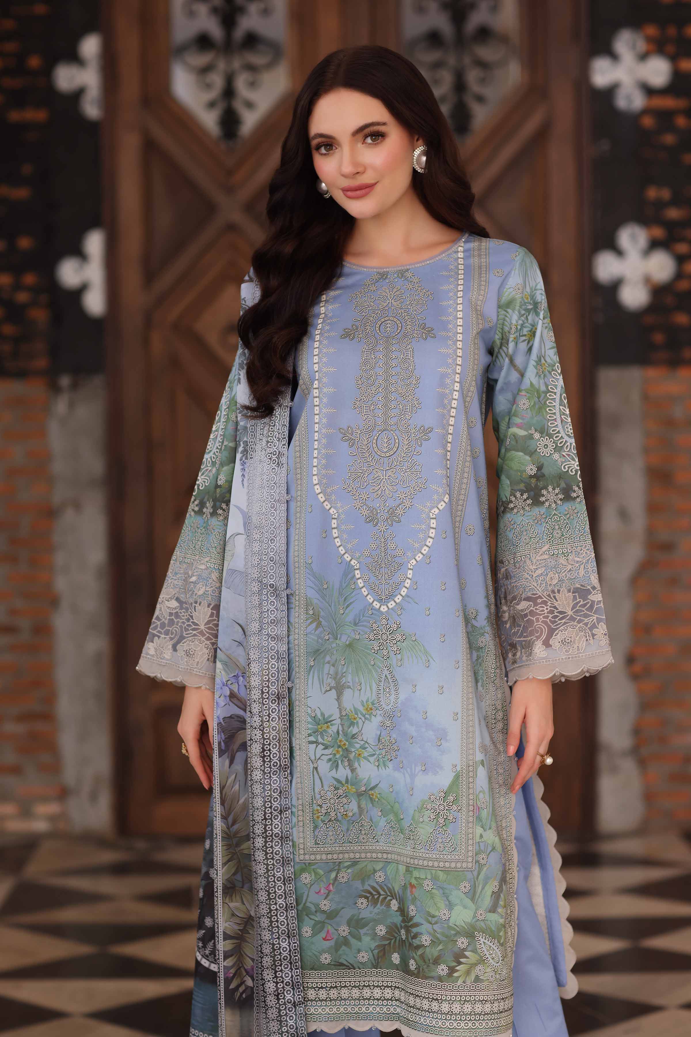 NISHATUAE - Blue Embroidered Cambric 3-piece Unstitched Suit