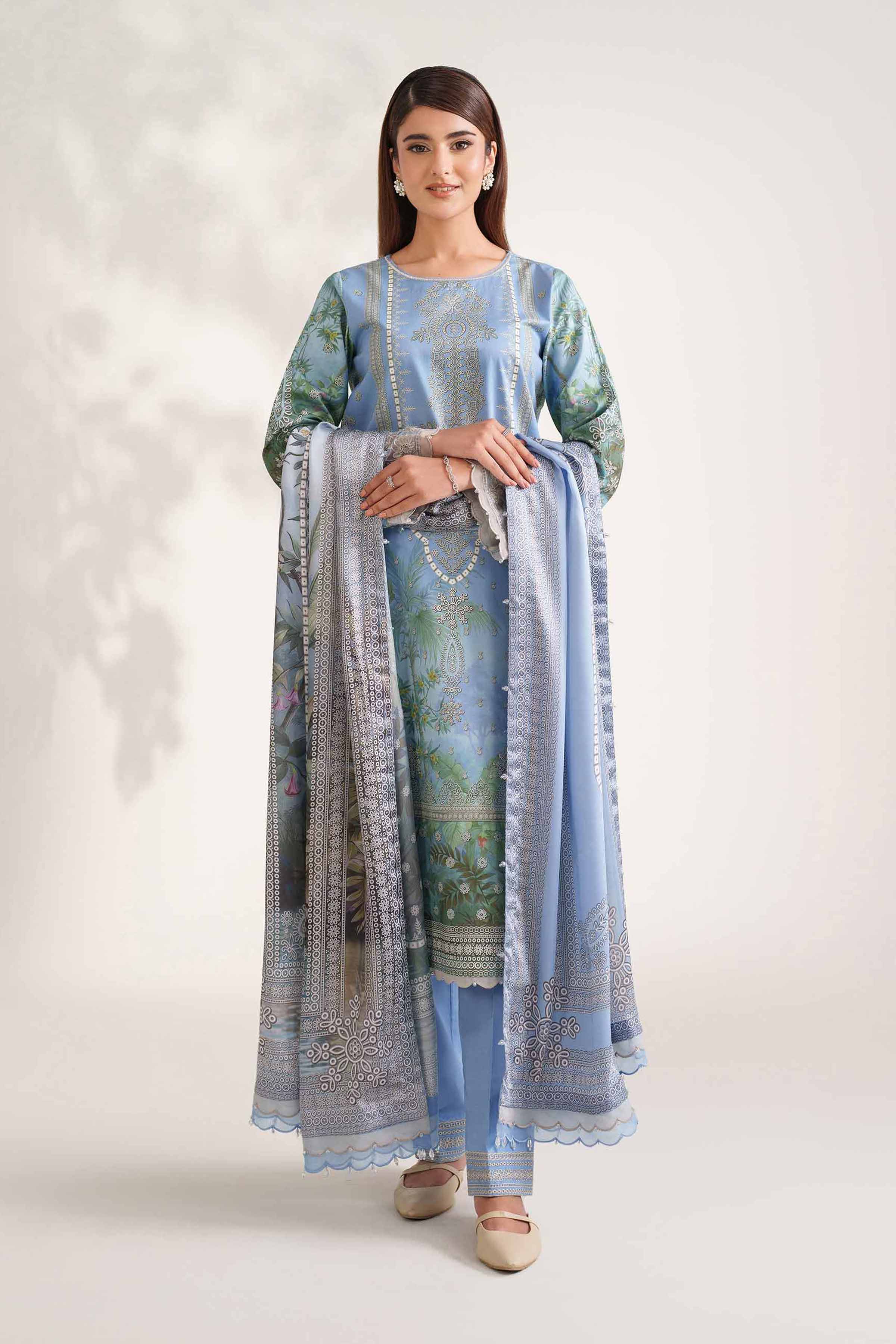 NISHATUAE - Blue Embroidered Cambric 3-piece Unstitched Suit