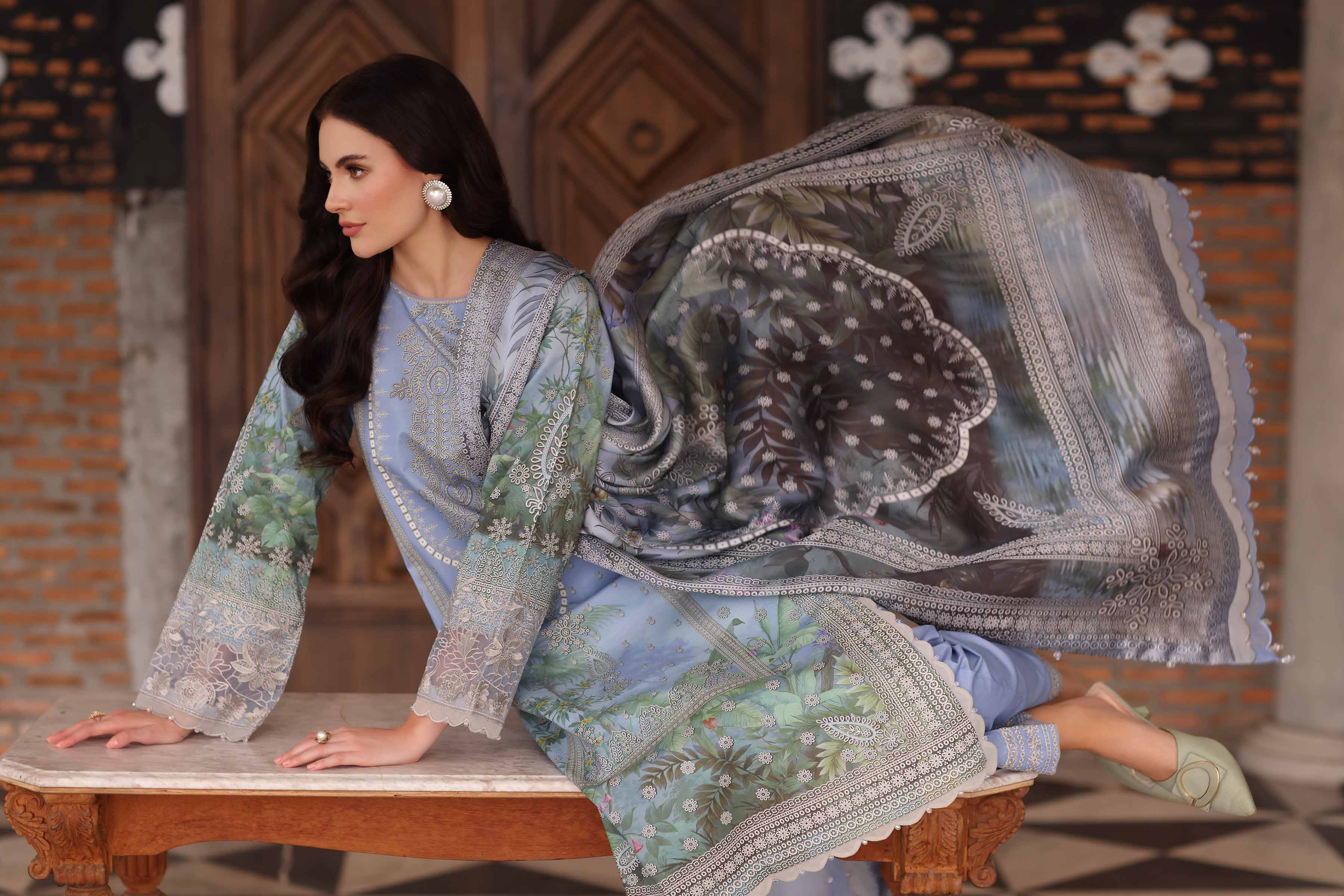 NISHATUAE - Blue Embroidered Cambric 3-piece Unstitched Suit