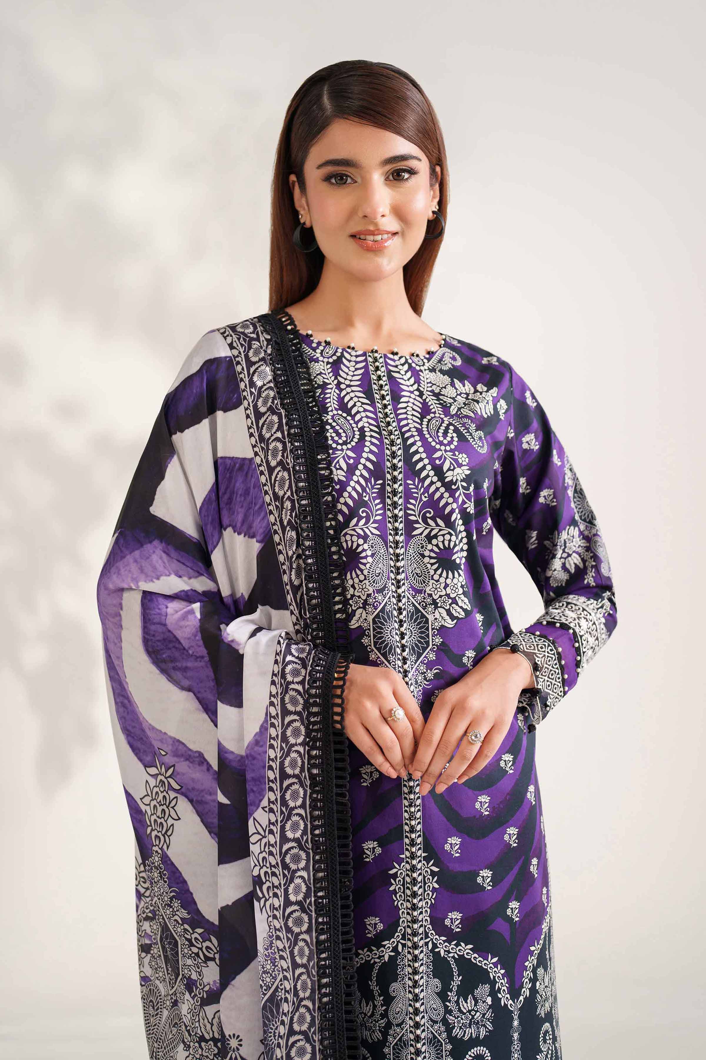 NISHATUAE - Purple Embroidered Cambric 3-piece Unstitched Suit