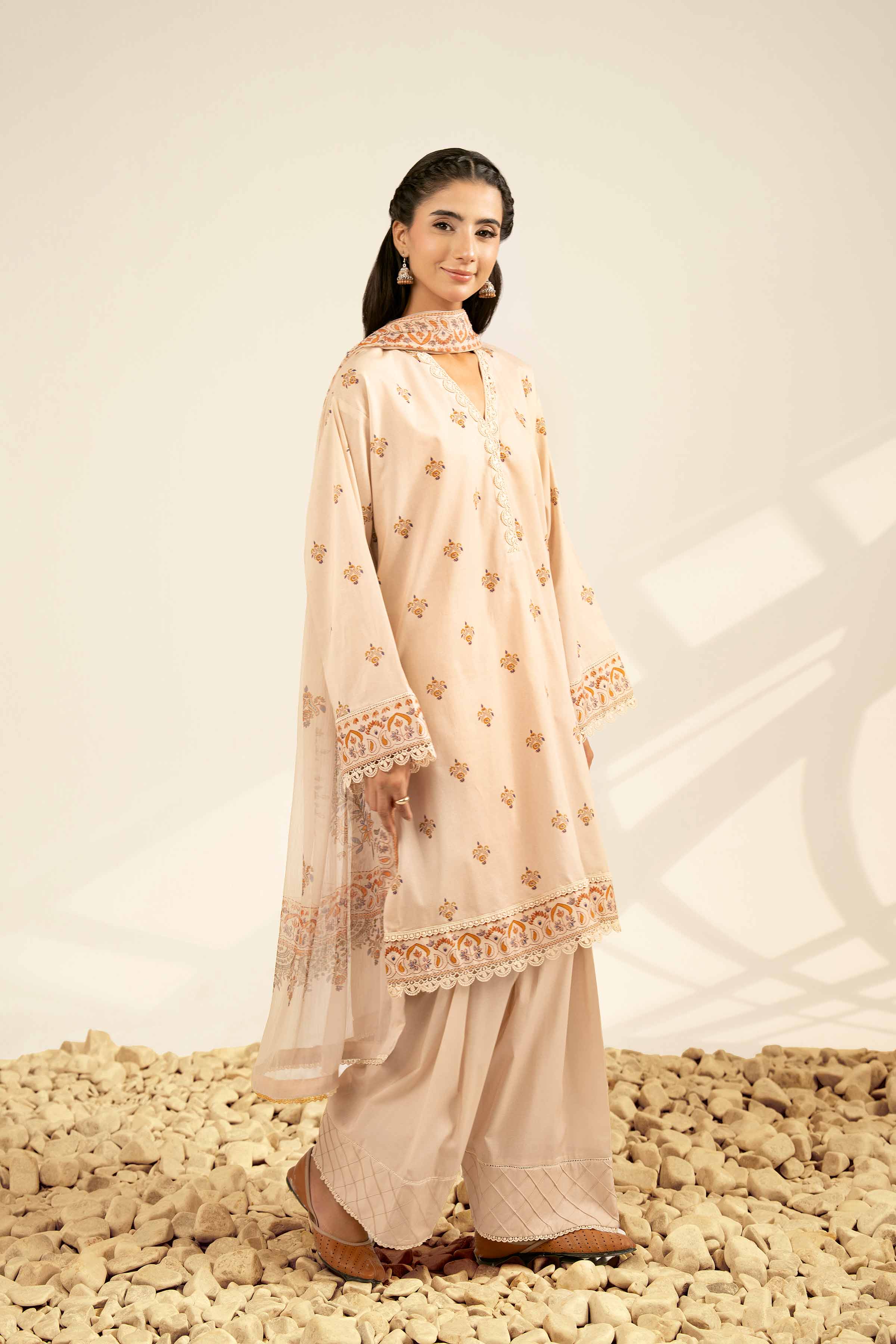 NISHATUAE - Beige Printed Cambric 3-piece Unstitched Suit