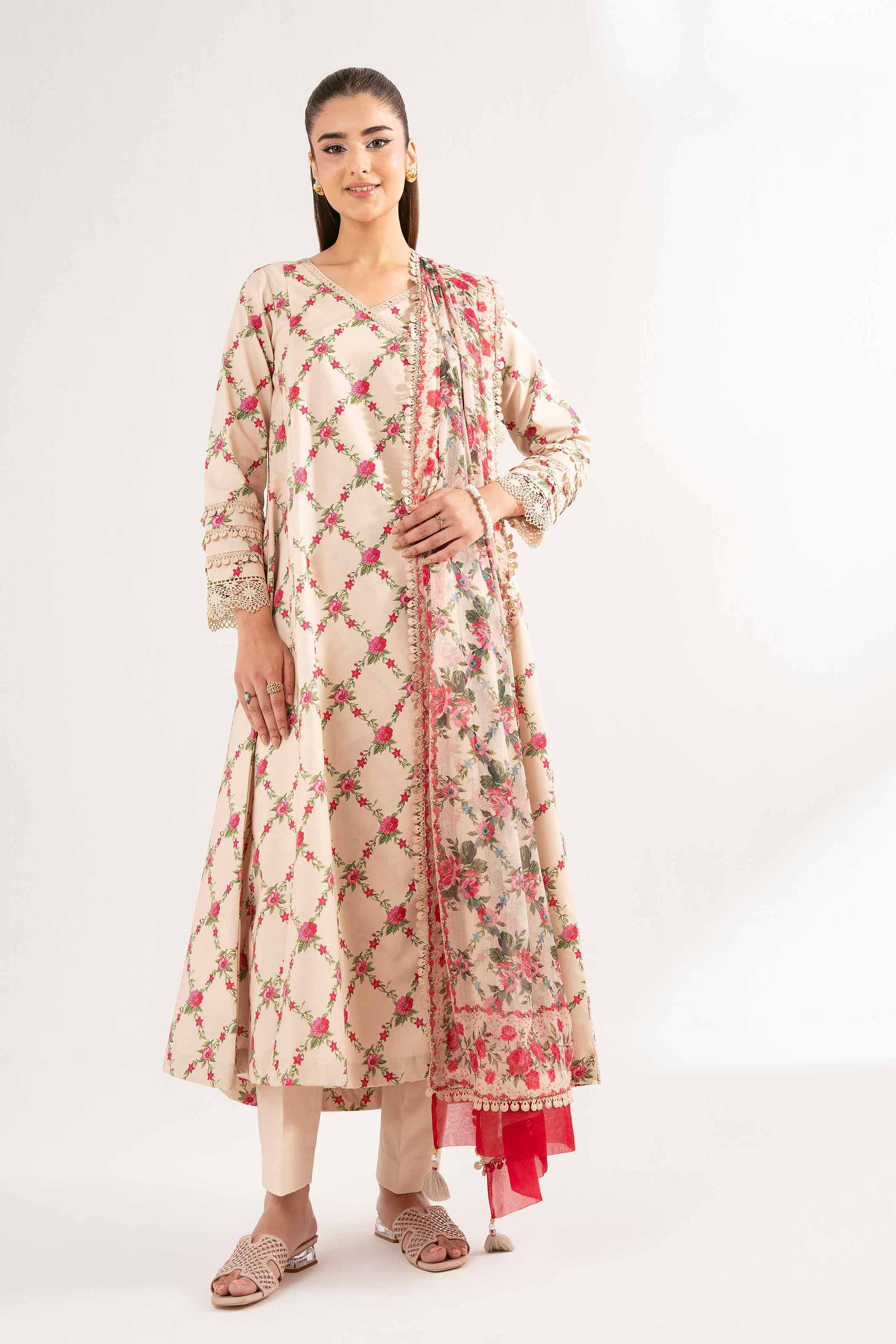 NISHATUAE - Beige Printed Cambric 3-piece Unstitched Suit