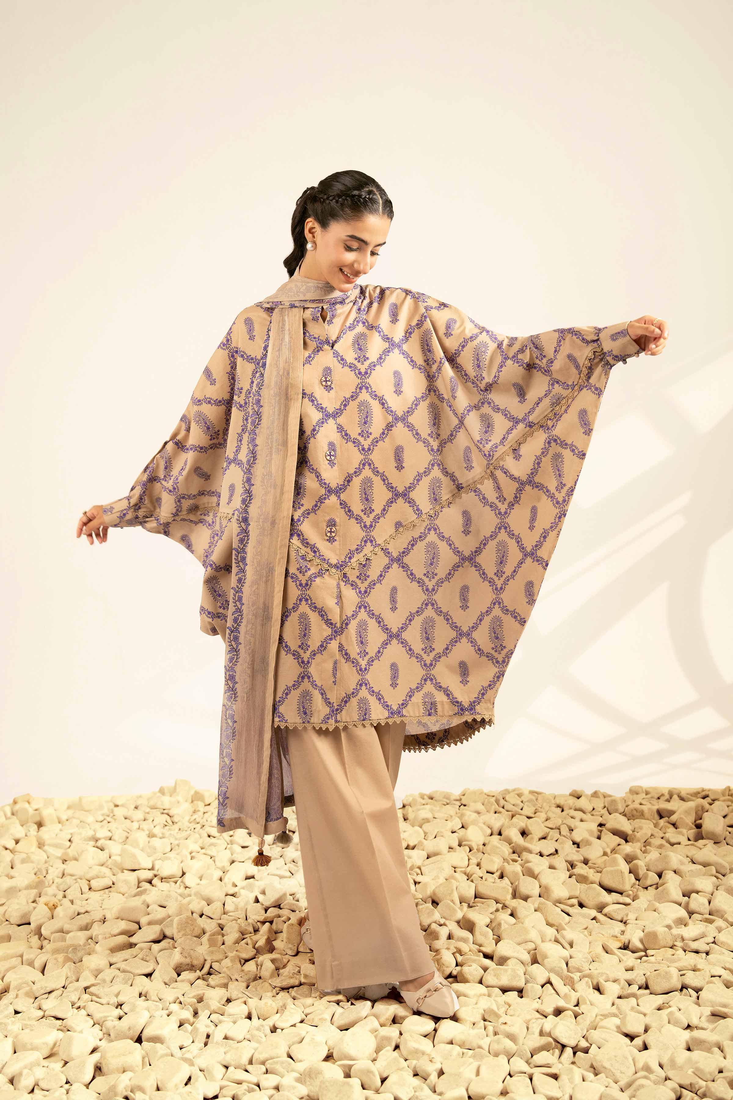 NISHATUAE - Beige Printed Cambric 3-piece Unstitched Suit