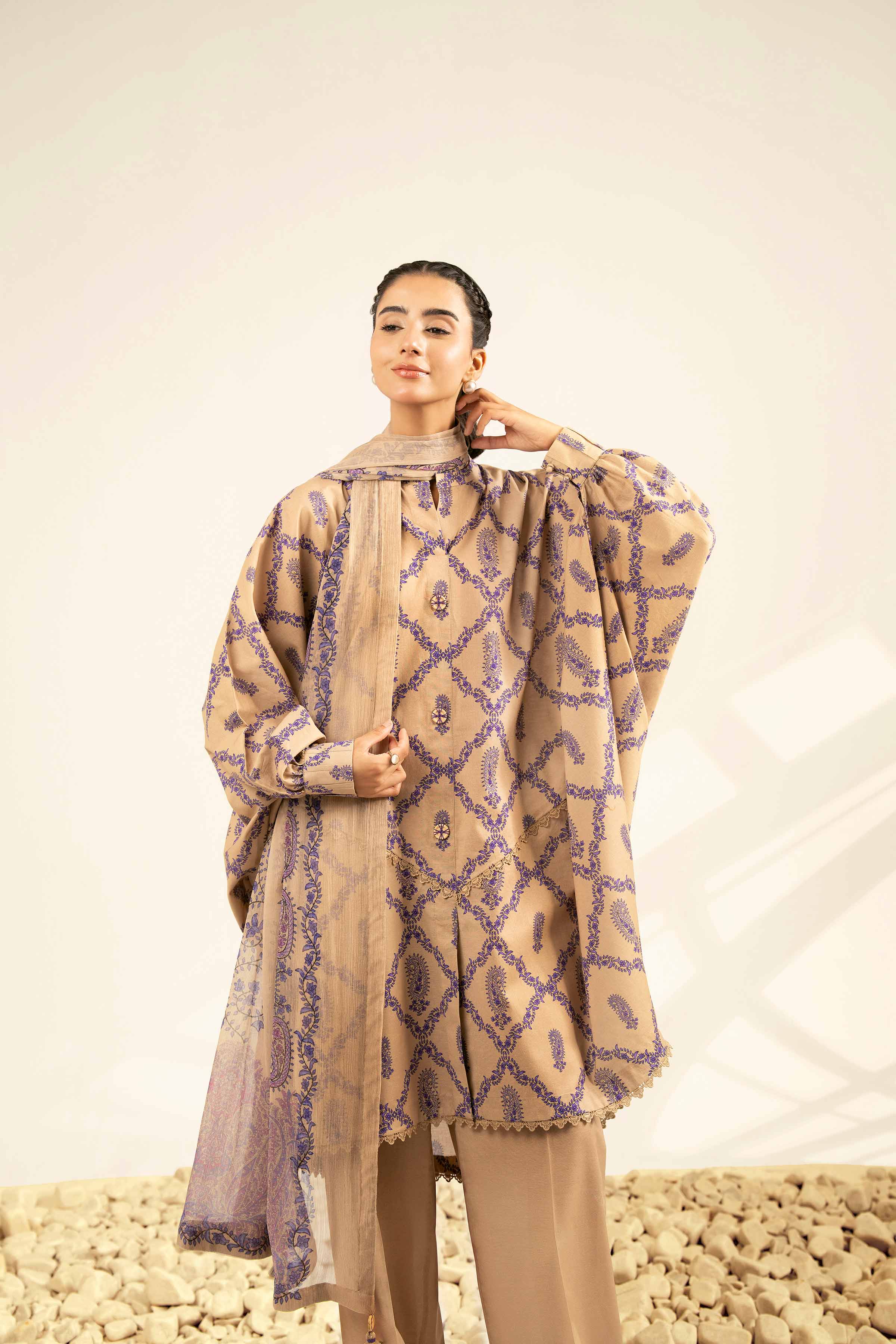 NISHATUAE - Beige Printed Cambric 3-piece Unstitched Suit