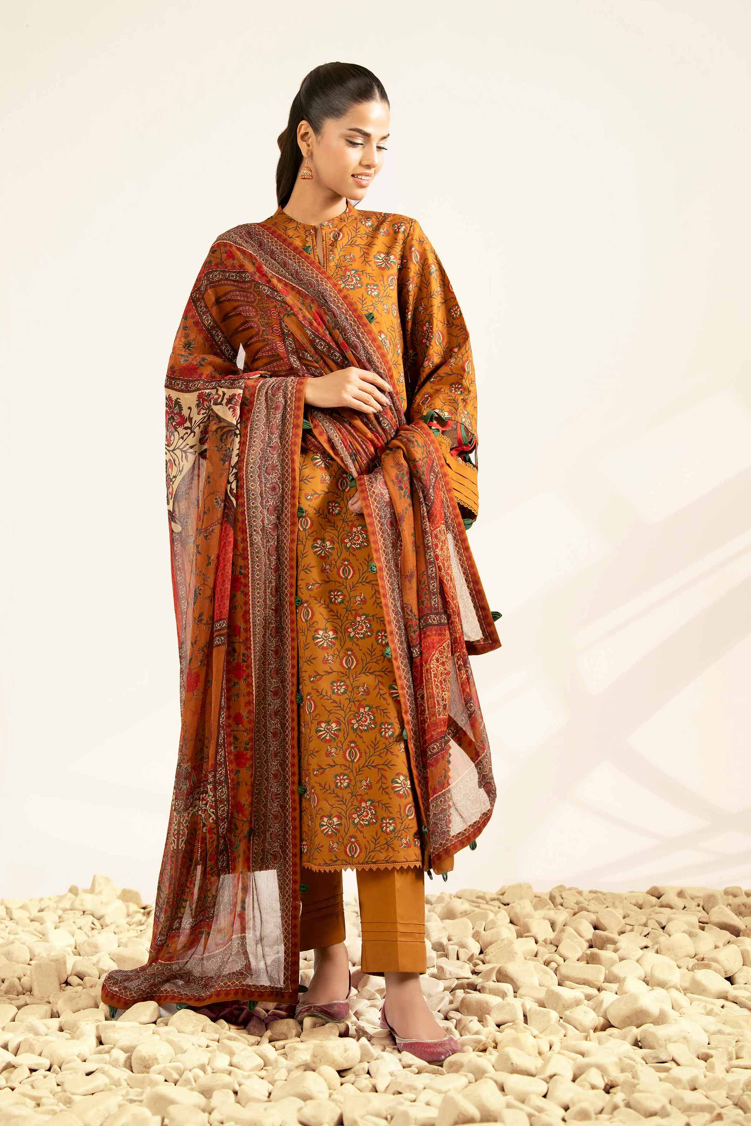 NISHATUAE - Rust Printed Cambric 3-piece Unstitched Suit