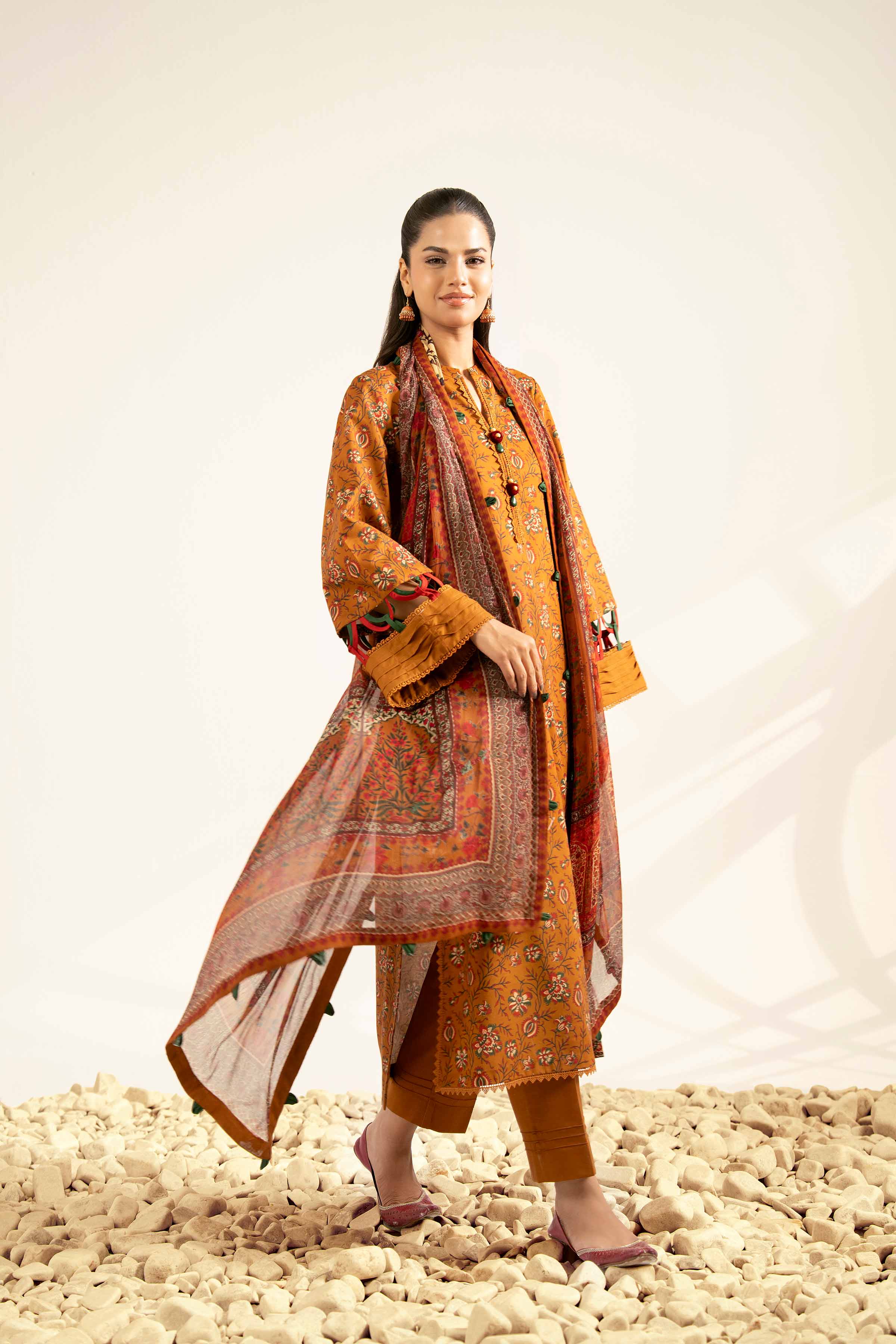 NISHATUAE - Rust Printed Cambric 3-piece Unstitched Suit