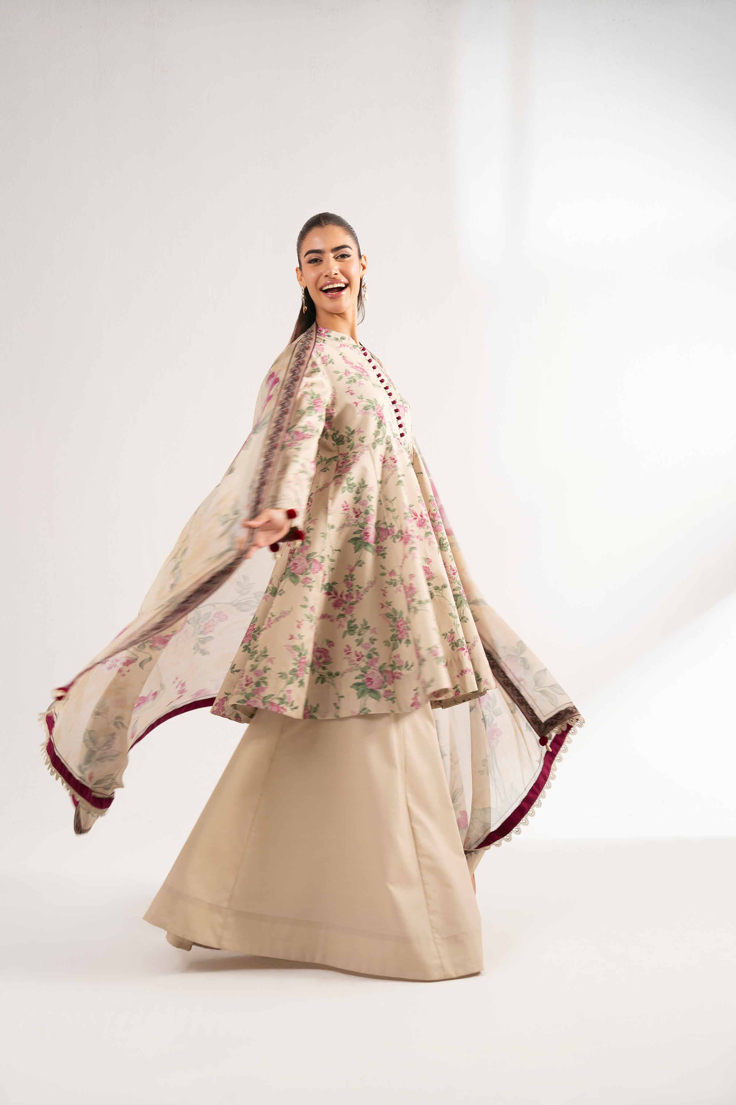 NISHATUAE - Beige Printed Cambric 3-piece Unstitched Suit