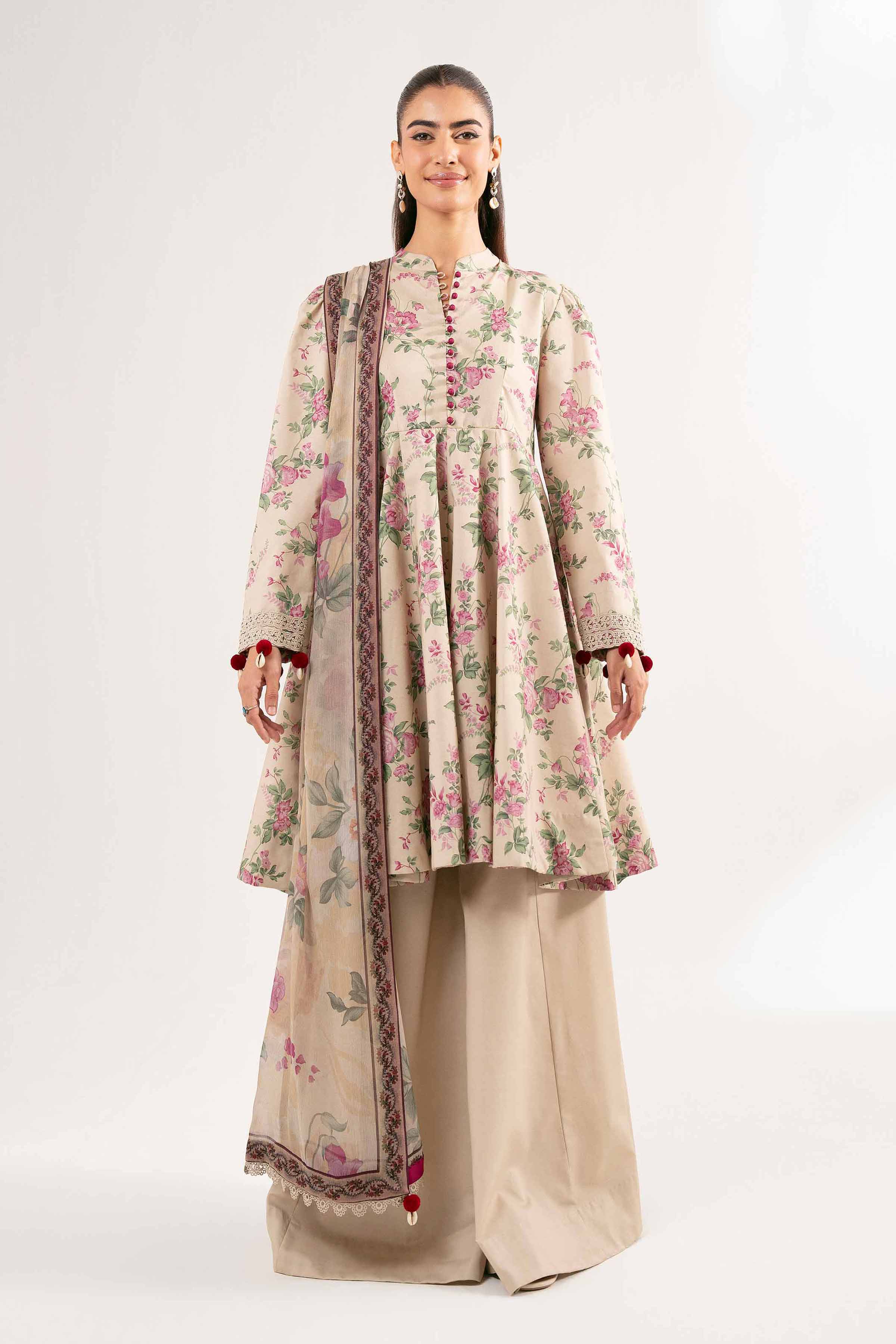 NISHATUAE - Beige Printed Cambric 3-piece Unstitched Suit